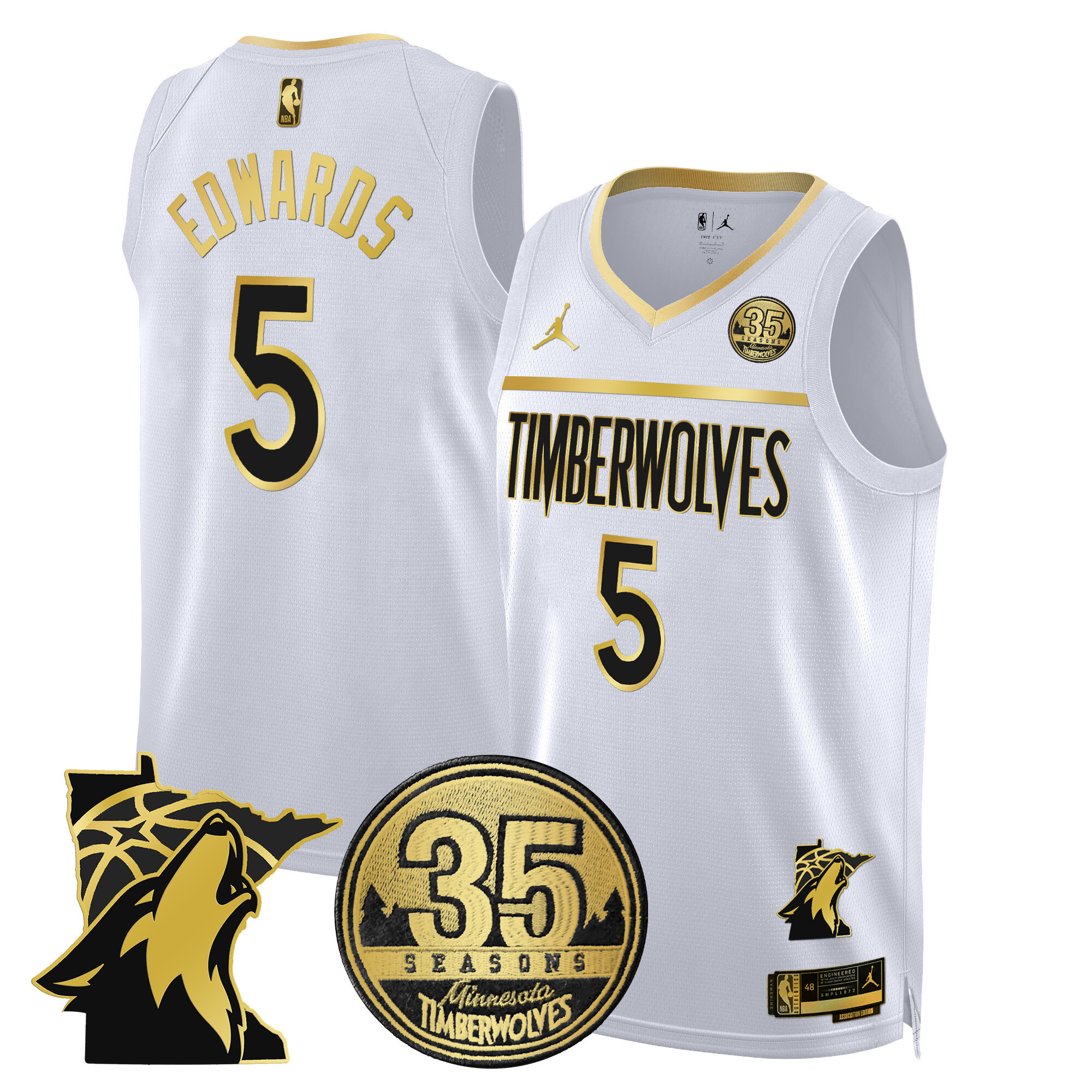 Anthony Edwards Men's Minnesota Timberwolves 35th Season & Minnesota Patch Swingman White Gold Jersey - All Stitched