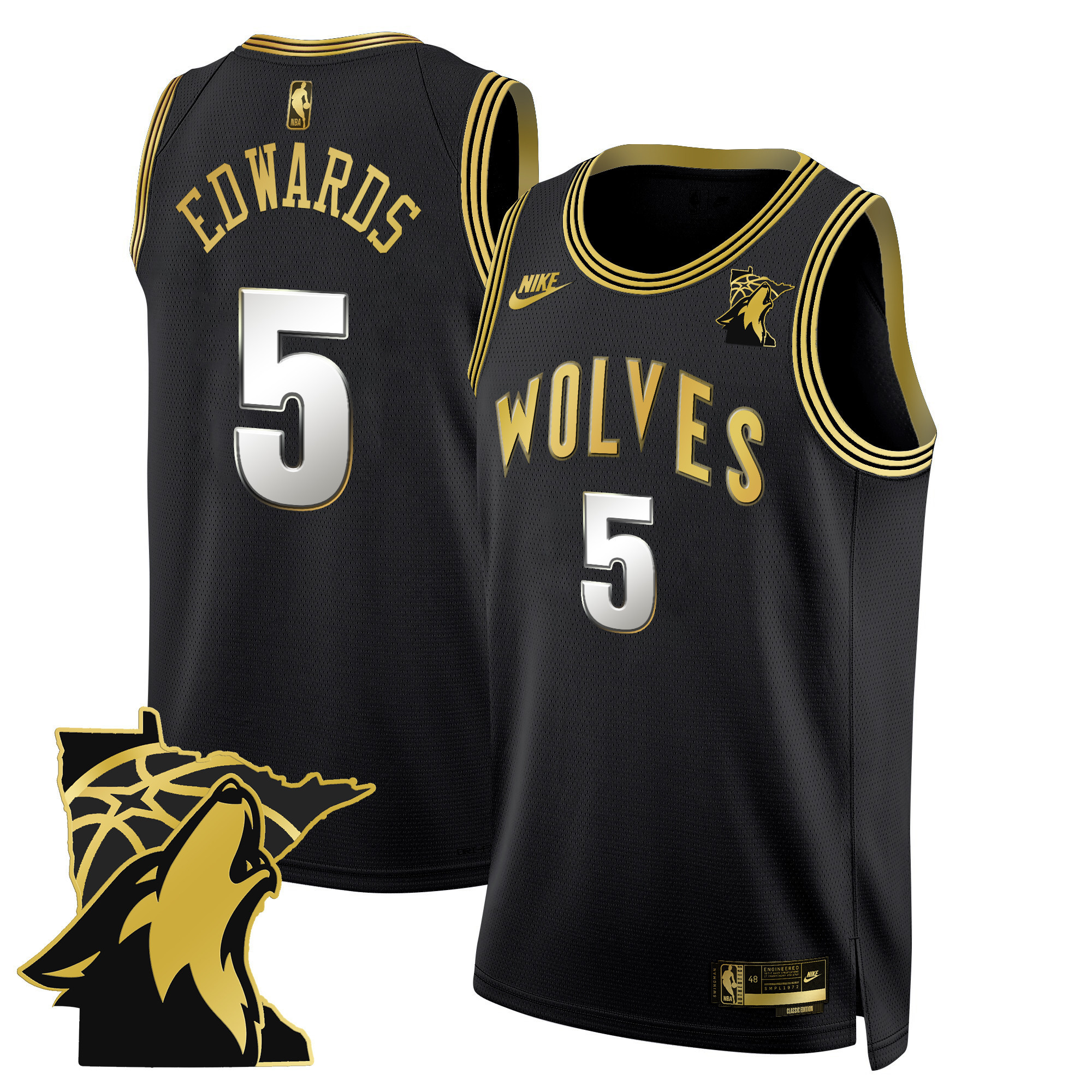 Anthony Edwards Men's Minnesota Timberwolves Swingman Black Gold Jersey V2 - Minnesota Patch - All Stitched