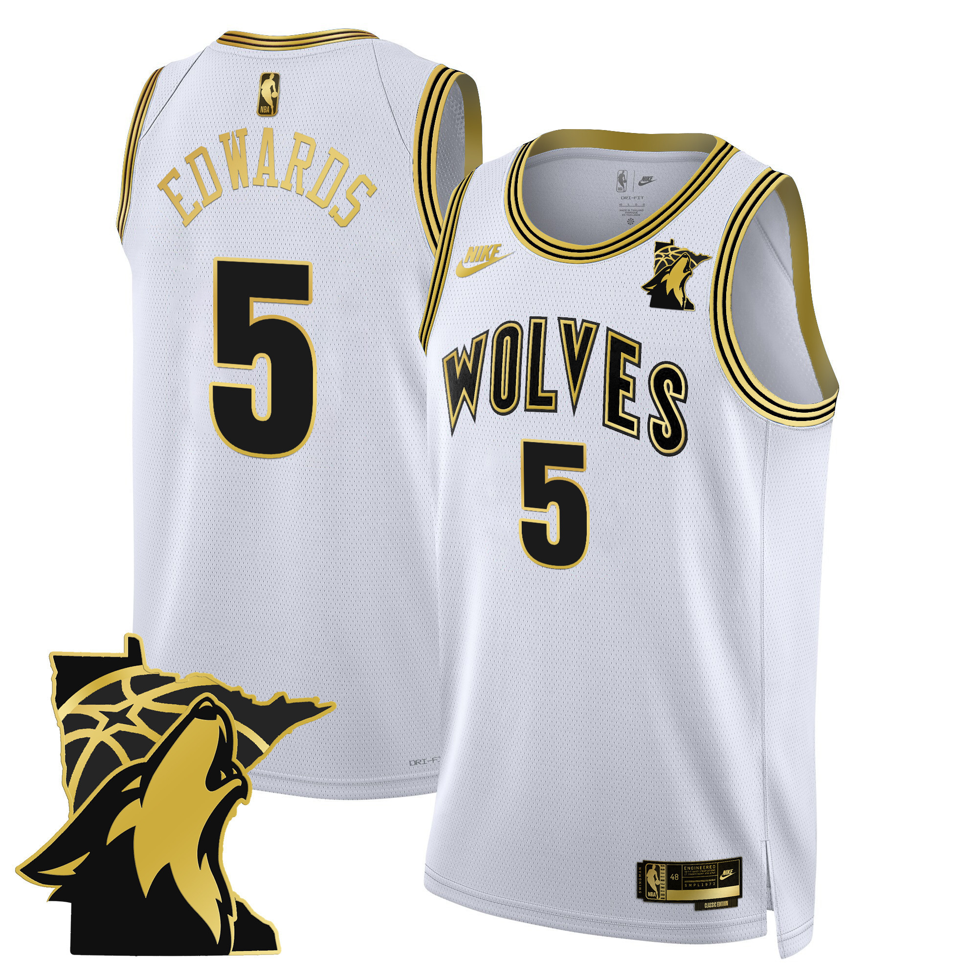 Anthony Edwards Men's Minnesota Timberwolves Swingman White Gold Jersey V2 - Minnesota Patch - All Stitched