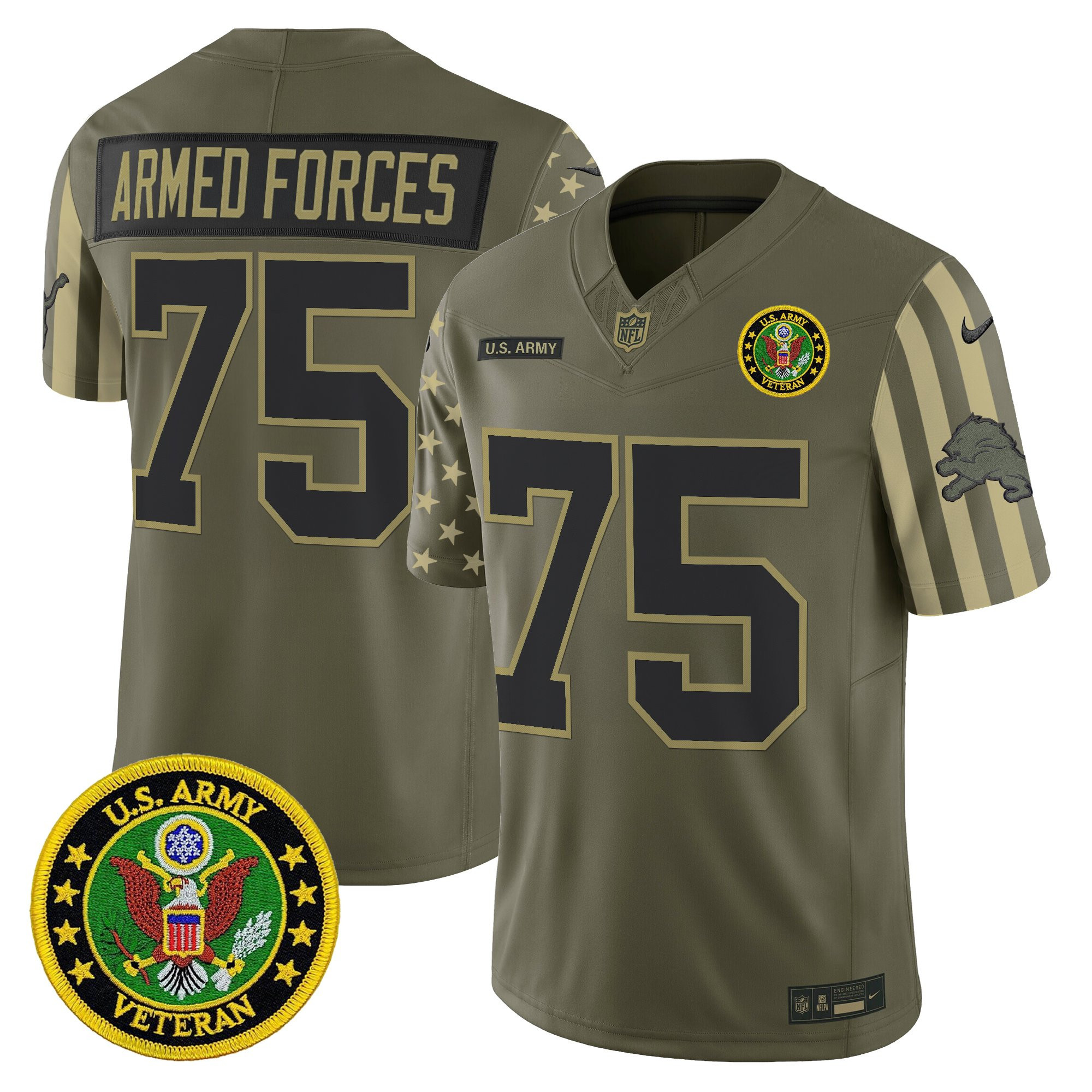 Armed Forces 1775 Men's Detroit Lions x U.S. Military Veteran Vapor Limited Army Jersey - All Stitched