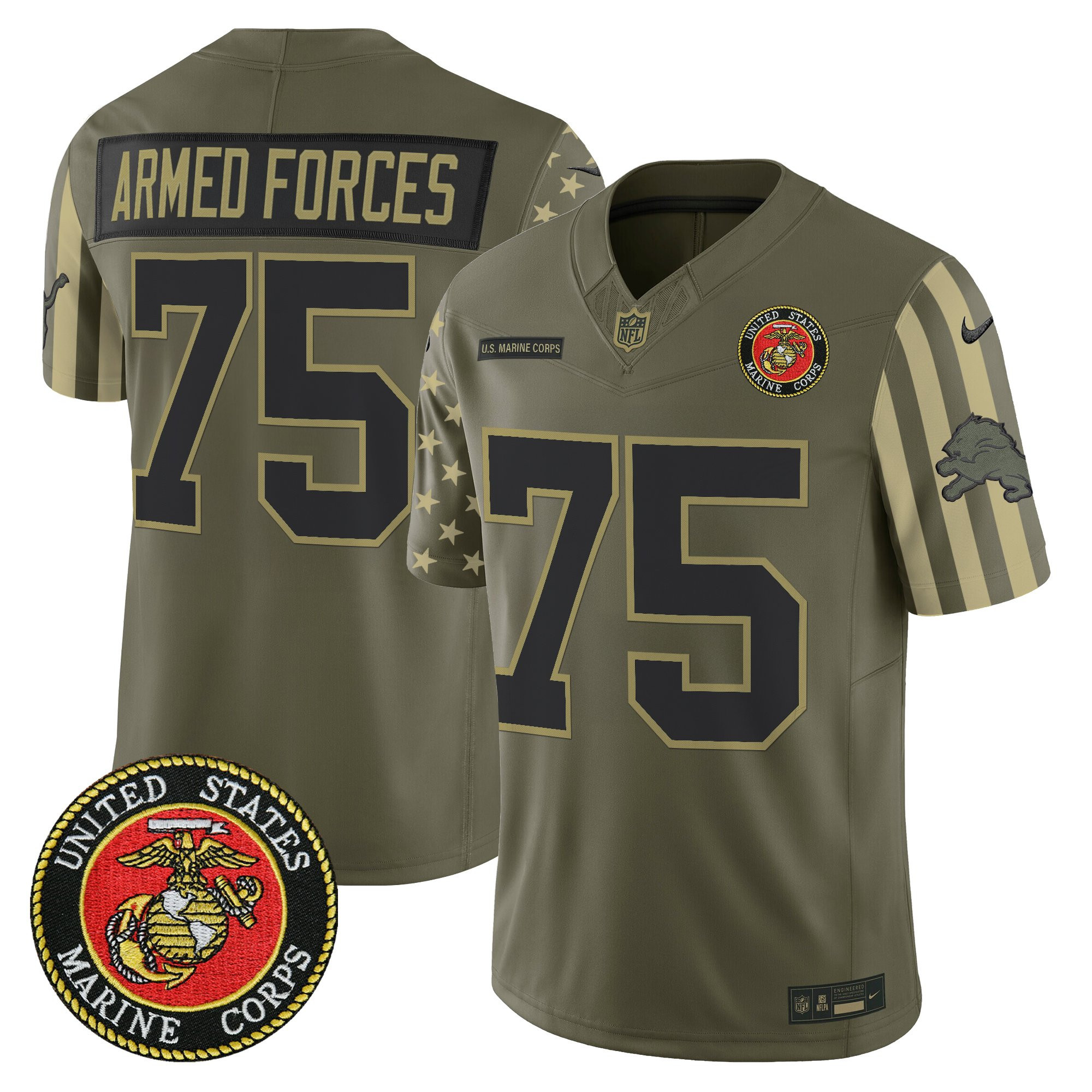 Armed Forces 1775 Men's Detroit Lions x U.S. Military Veteran Vapor Limited Marines Jersey - All Stitched