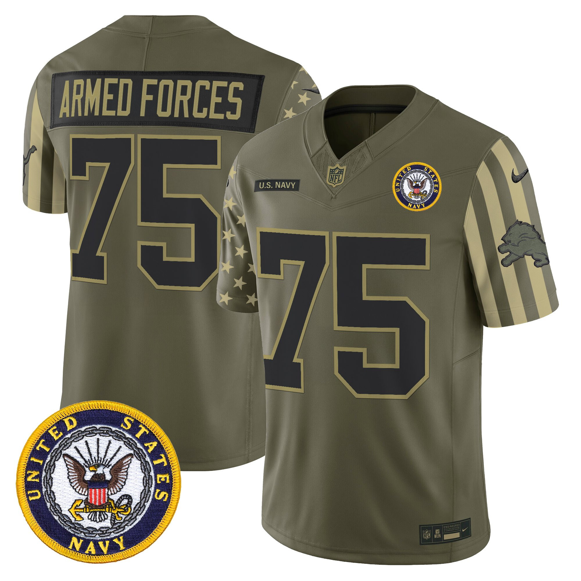 Armed Forces 1775 Men's Detroit Lions x U.S. Military Veteran Vapor Limited Navy Jersey - All Stitched