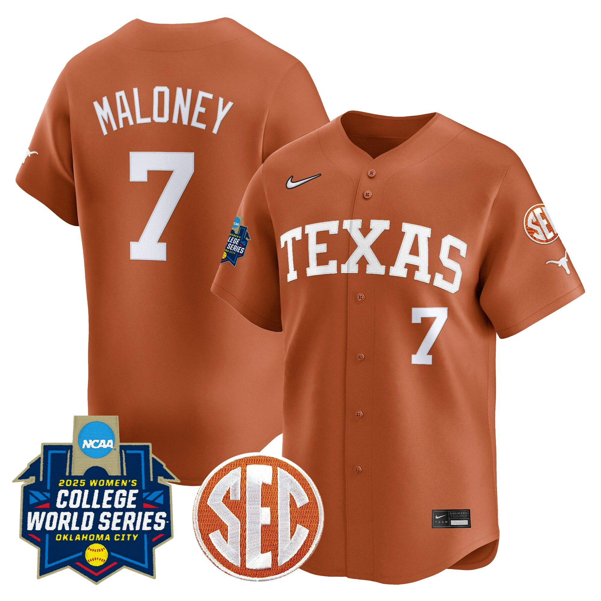 Ashton Maloney Men's size - Texas Longhorns Softball 2025 World Series (WCWS) Vapor Premier Limited Orange Jersey - All Stitched