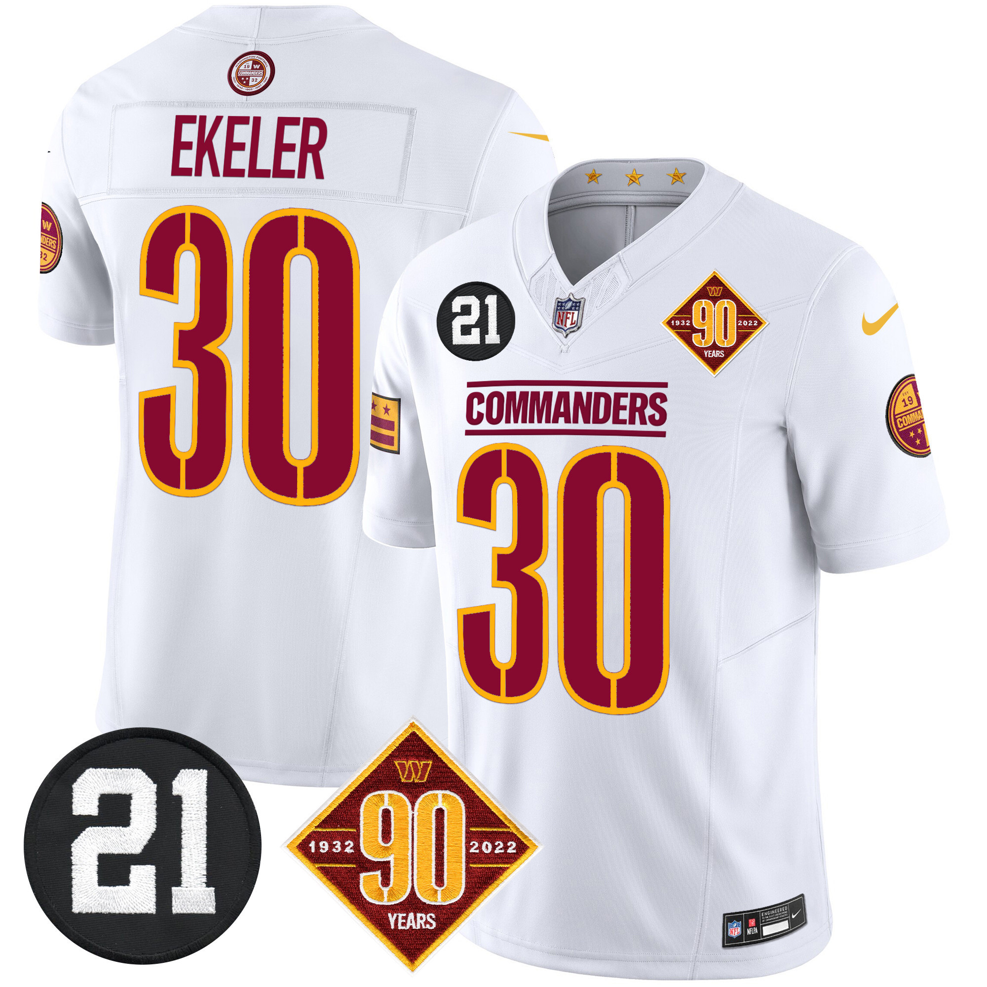 Austin Ekeler Men's Washington Commanders 90th & Sean Taylor Patch Vapor Limited White Jersey - All Stitched