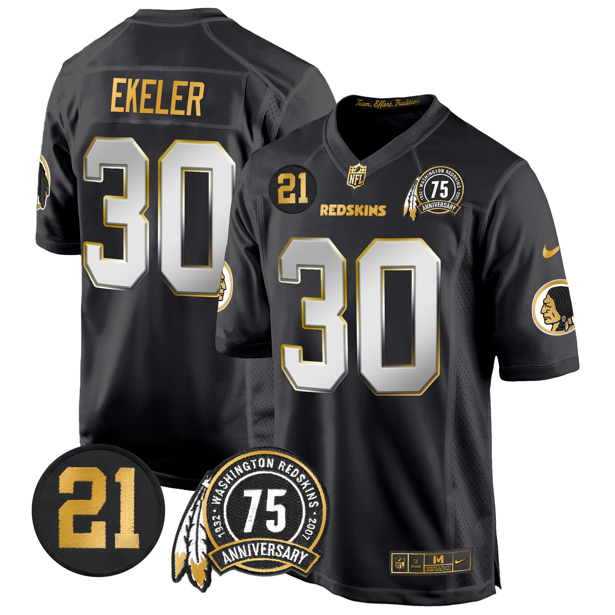 Austin Ekeler Men's Washington Redskins 75th & Sean Taylor Patch Gold Game Black Limited Jersey - All Stitched