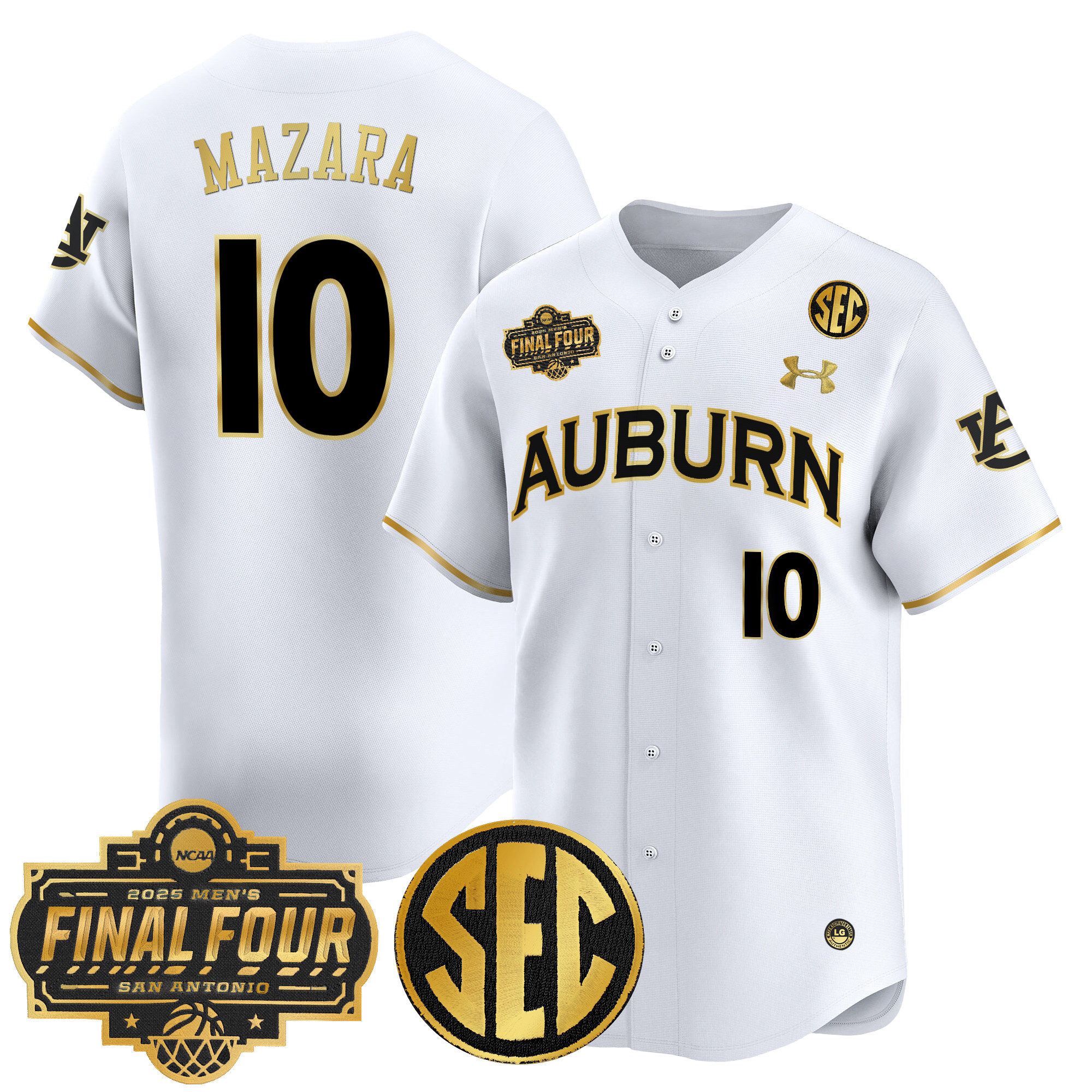 Baker-Mazara Men's Auburn Tigers 2025 Final Four Patch Vapor Baseball White Gold Jersey - All Stitched