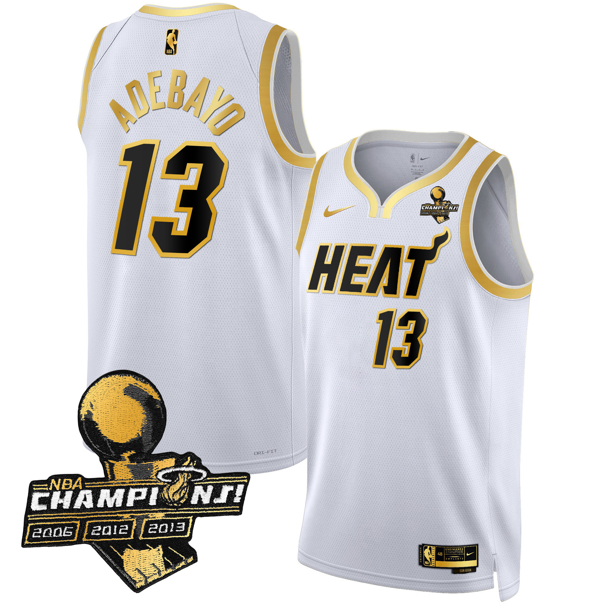 Bam Adebayo Men's Miami Heat 3-Time Champions Patch Collection White Gold Jersey - All Stitched