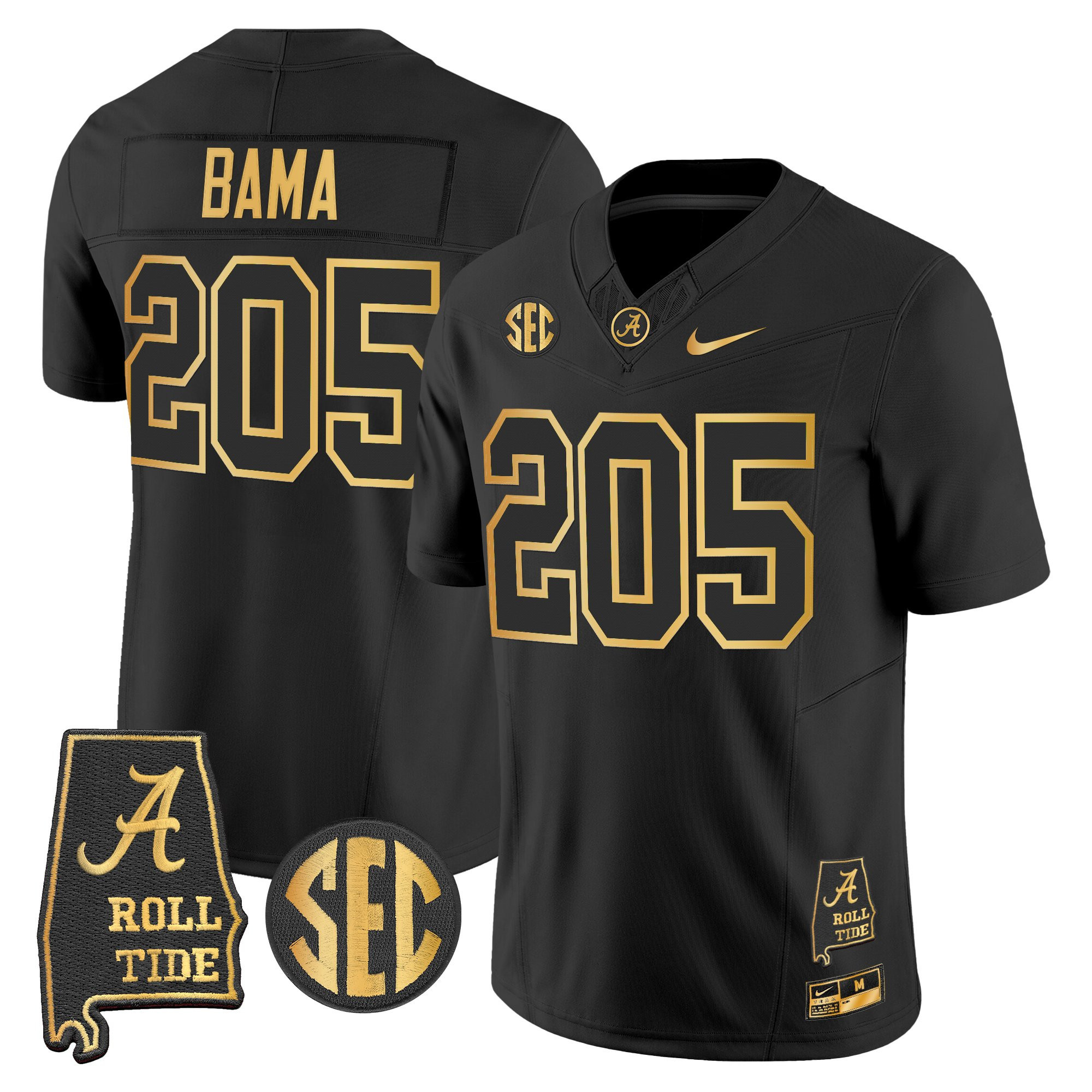 Bama 205 Men's Alabama Crimson Tide 2025 Gold Vapor Limited Black Gold Jersey - Alabama Map - All Stitched