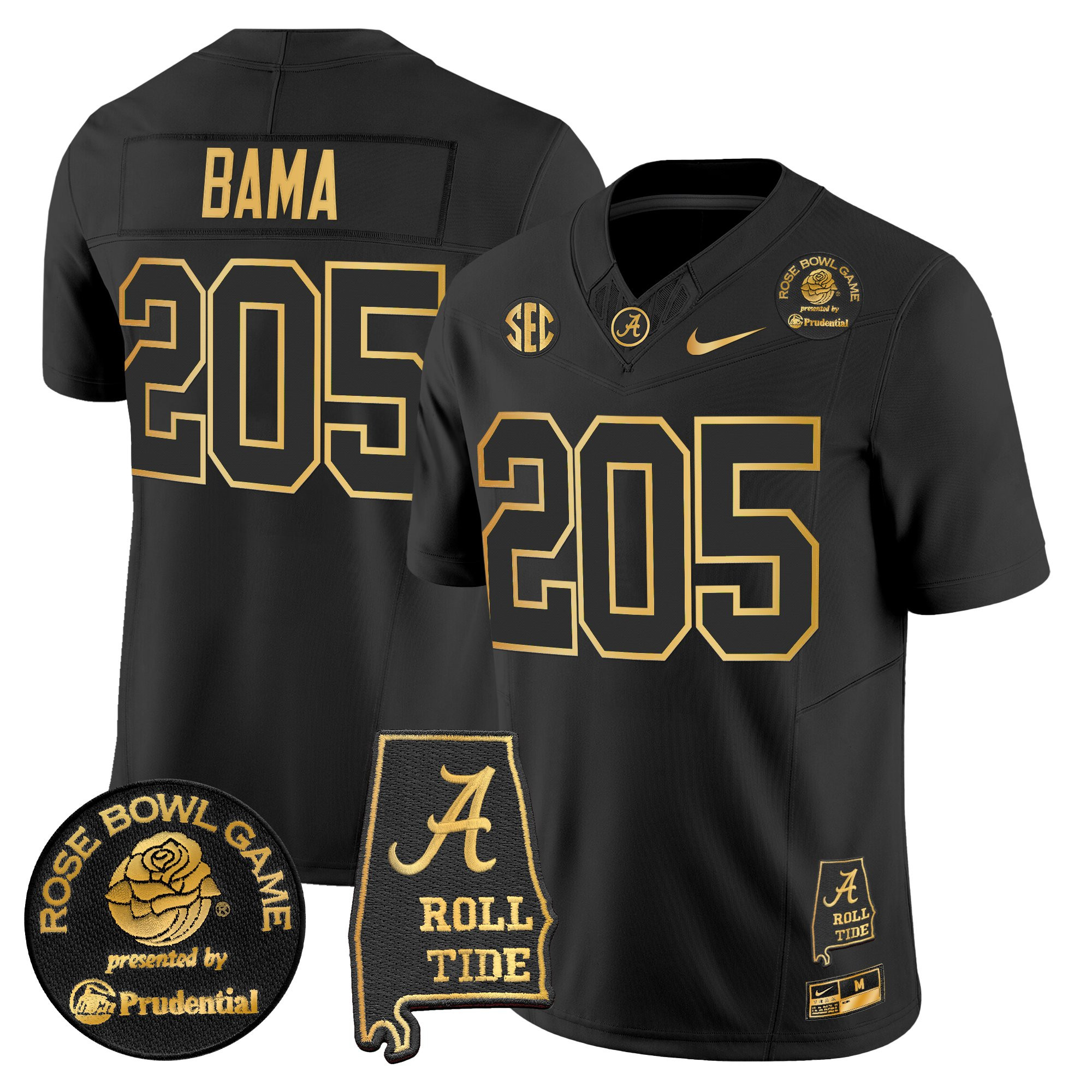 Bama 205 Men's Alabama Crimson Tide 2025 Rose Bowl Gold Vapor Limited Black Gold Jersey - Alabama Map - All Stitched