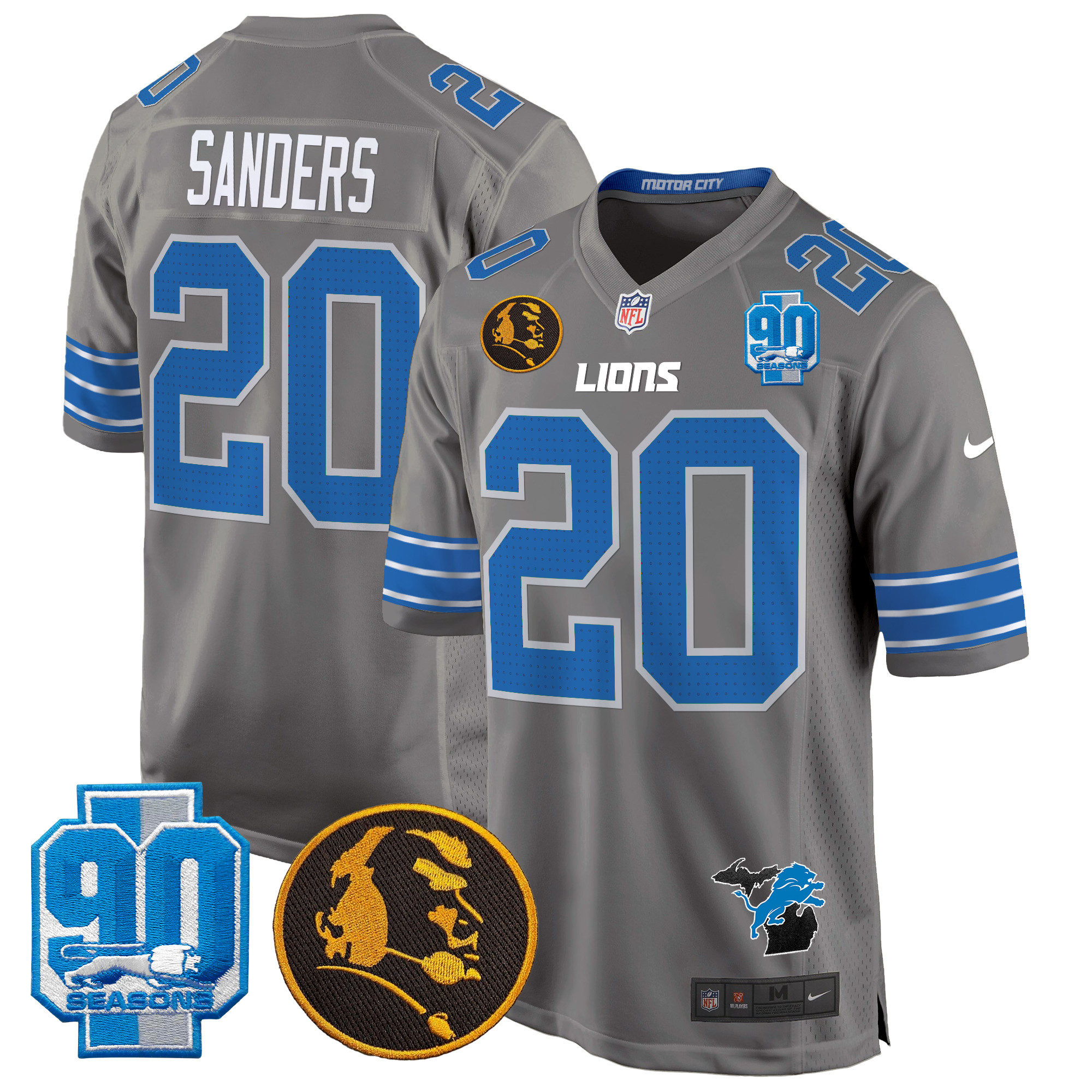 Barry Sanders Men's Detroit Lions 2024 90th & John Madden Patch Game Gray Jersey - All Stitched
