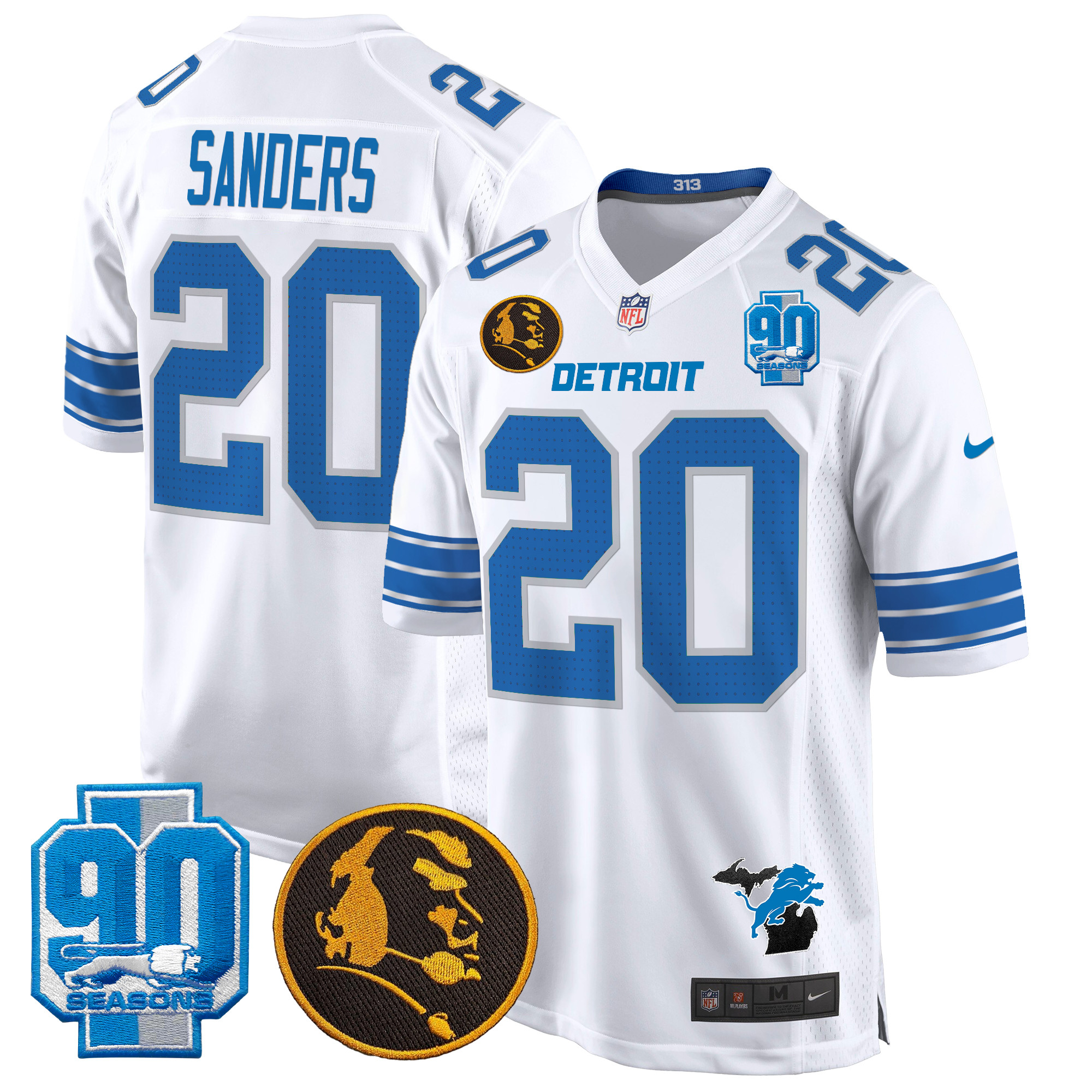 Barry Sanders Men's Detroit Lions 2024 90th & John Madden Patch Game White Jersey - All Stitched