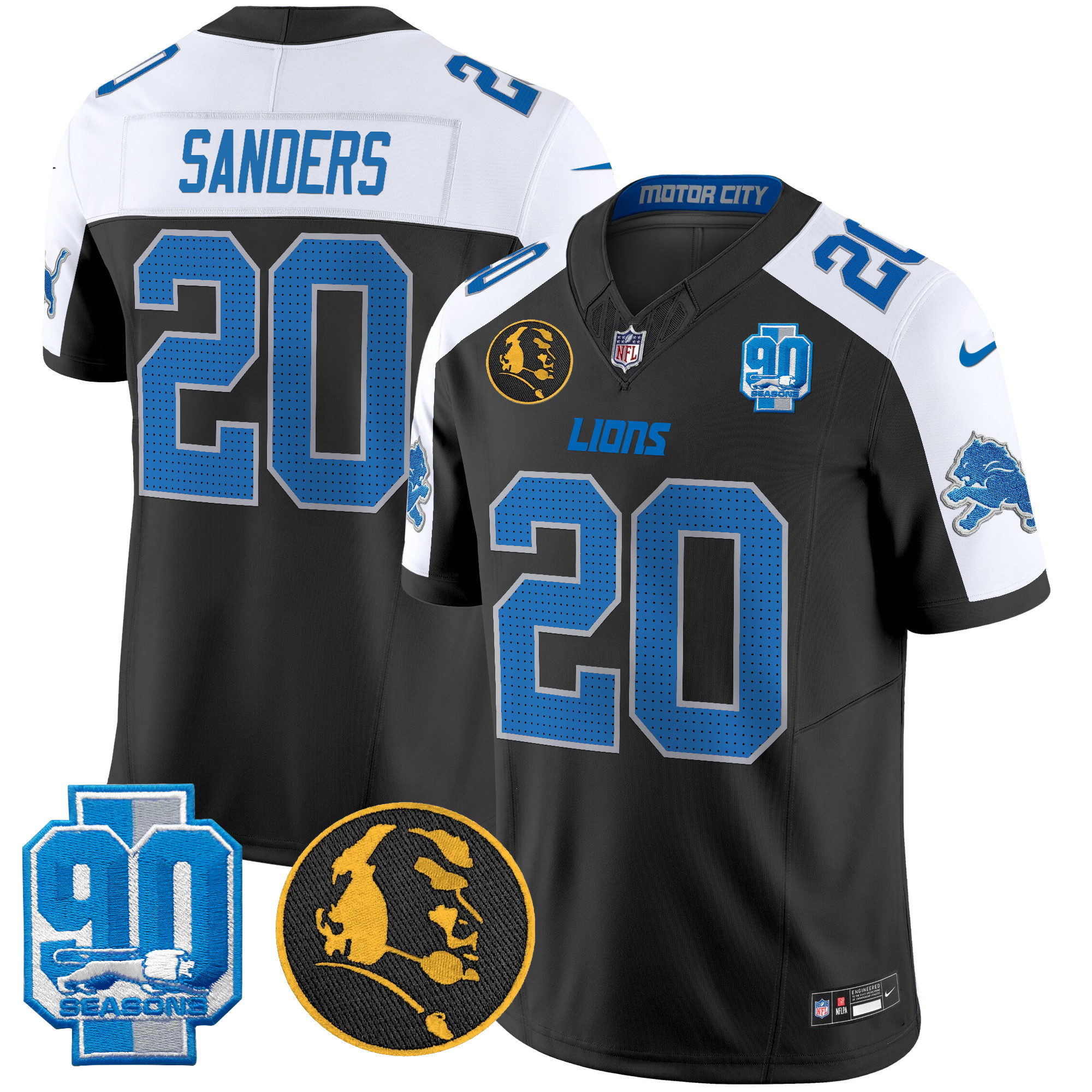 Barry Sanders Men's Detroit Lions 2024 90th & John Madden Patch Vapor Limited Black Alternate Jersey V2 - All Stitched
