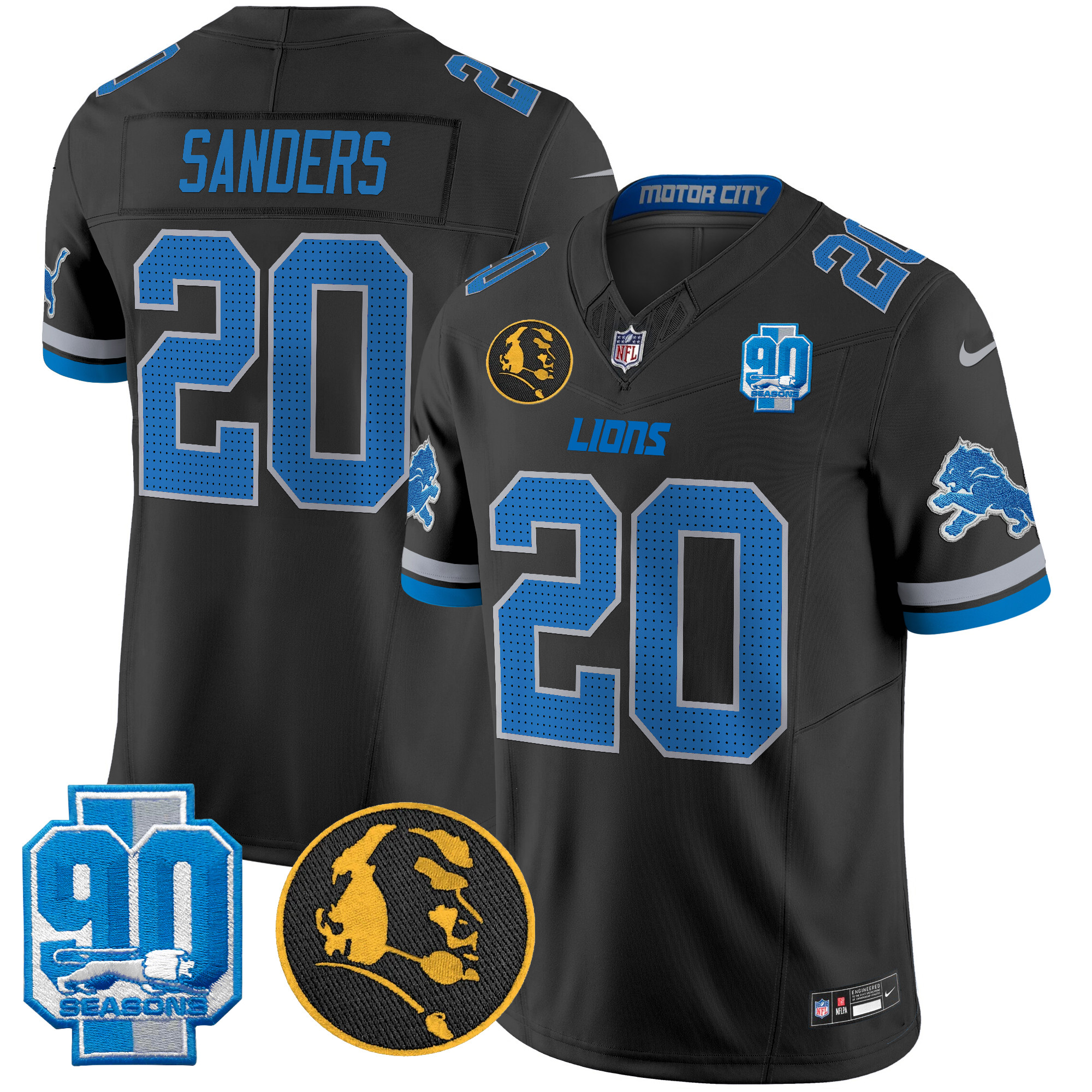 Barry Sanders Men's Detroit Lions 2024 90th & John Madden Patch Vapor Limited Black Jersey V2 - All Stitched