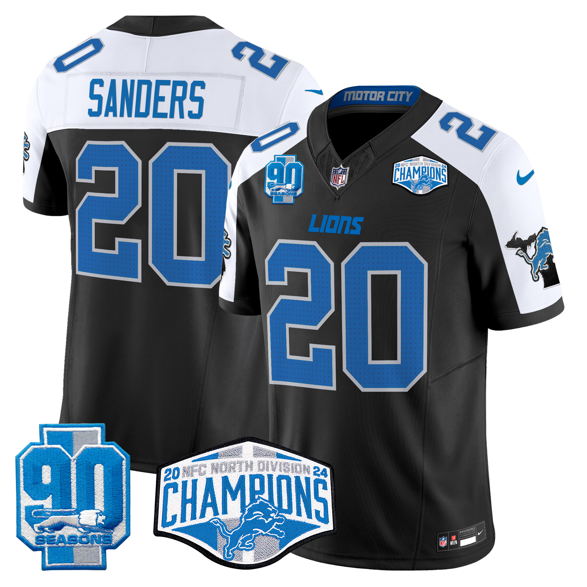 Barry Sanders Men's Detroit Lions 2024 NFC North Division Champions Patch Vapor Limited Black Alternate Jersey - All Stitched