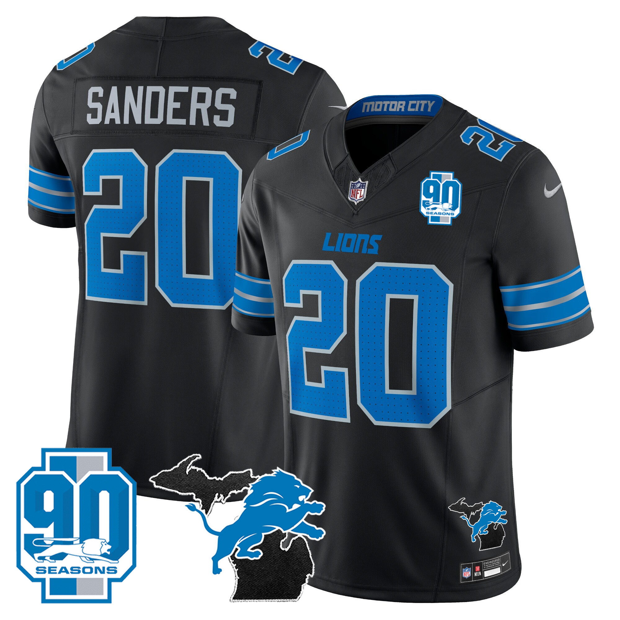Barry Sanders Men's Detroit Lions 2025 Michigan & 90th Year Patch Vapor Black Jersey - All Stitched