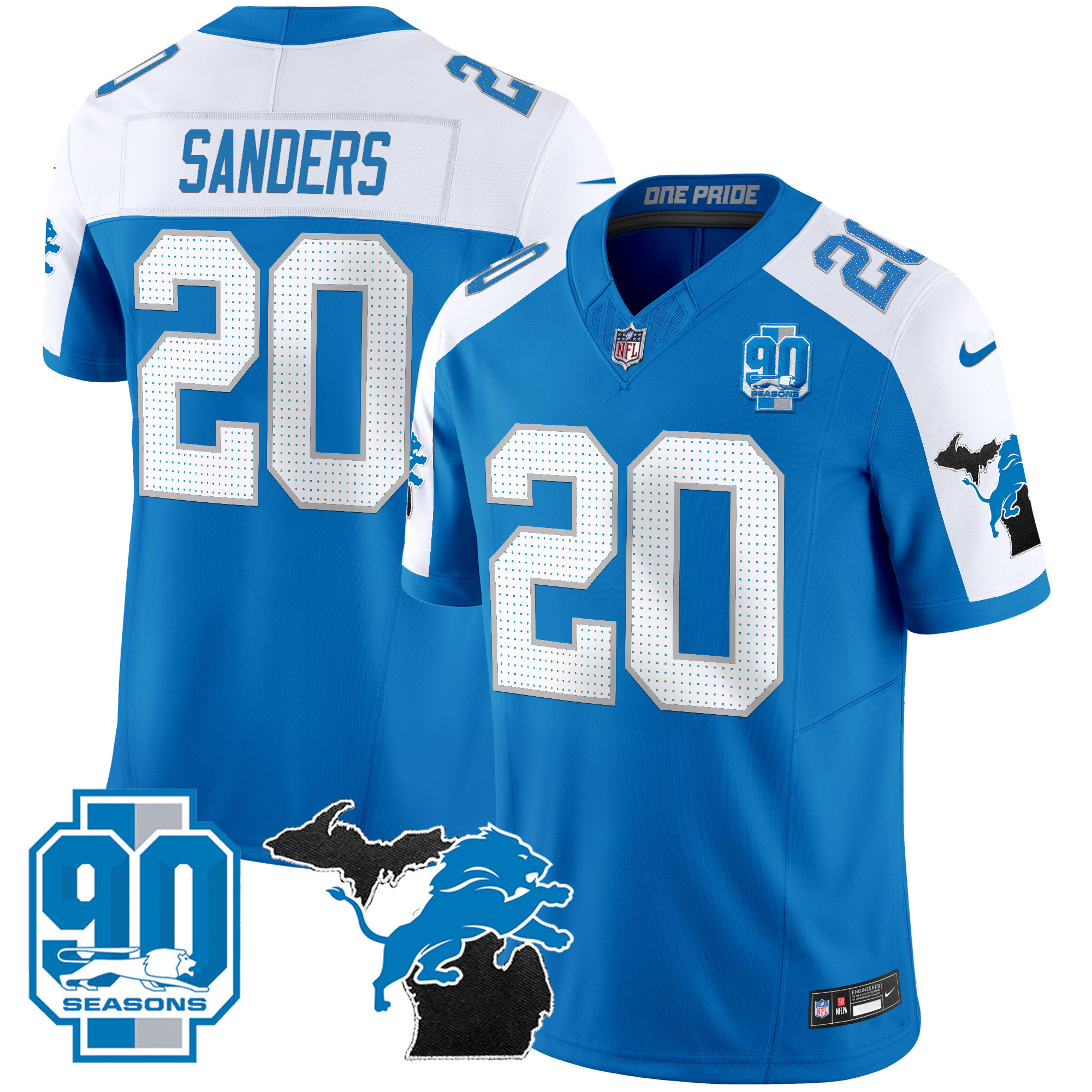 Barry Sanders Men's Detroit Lions 2025 Michigan & 90th Year Patch Vapor Blue Alternate Jersey - All Stitched