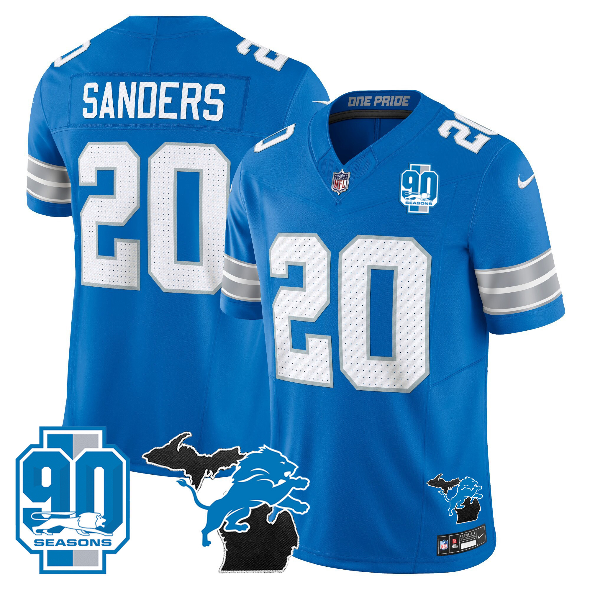 Barry Sanders Men's Detroit Lions 2025 Michigan & 90th Year Patch Vapor Blue Jersey - All Stitched
