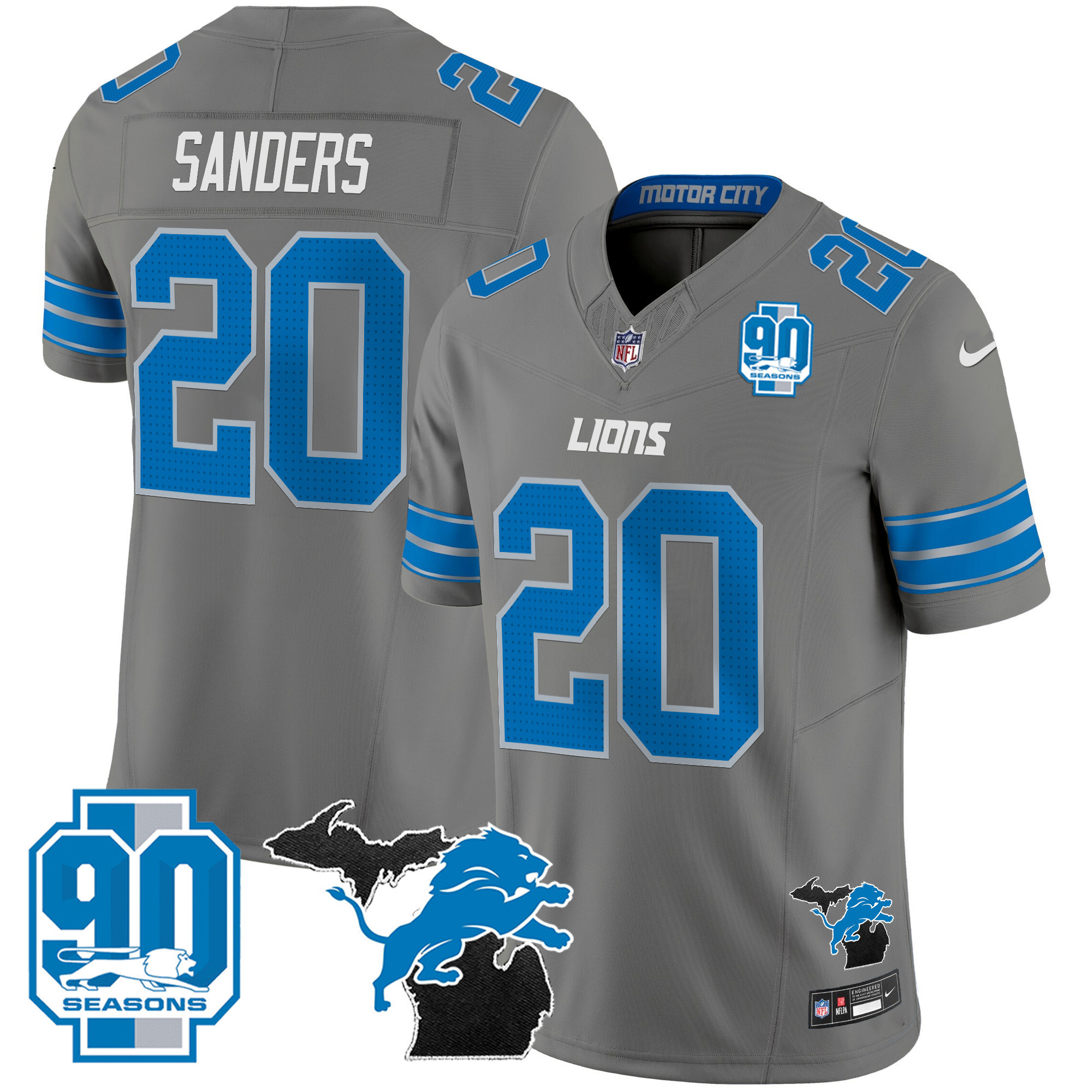 Barry Sanders Men's Detroit Lions 2025 Michigan & 90th Year Patch Vapor Gray Jersey - All Stitched