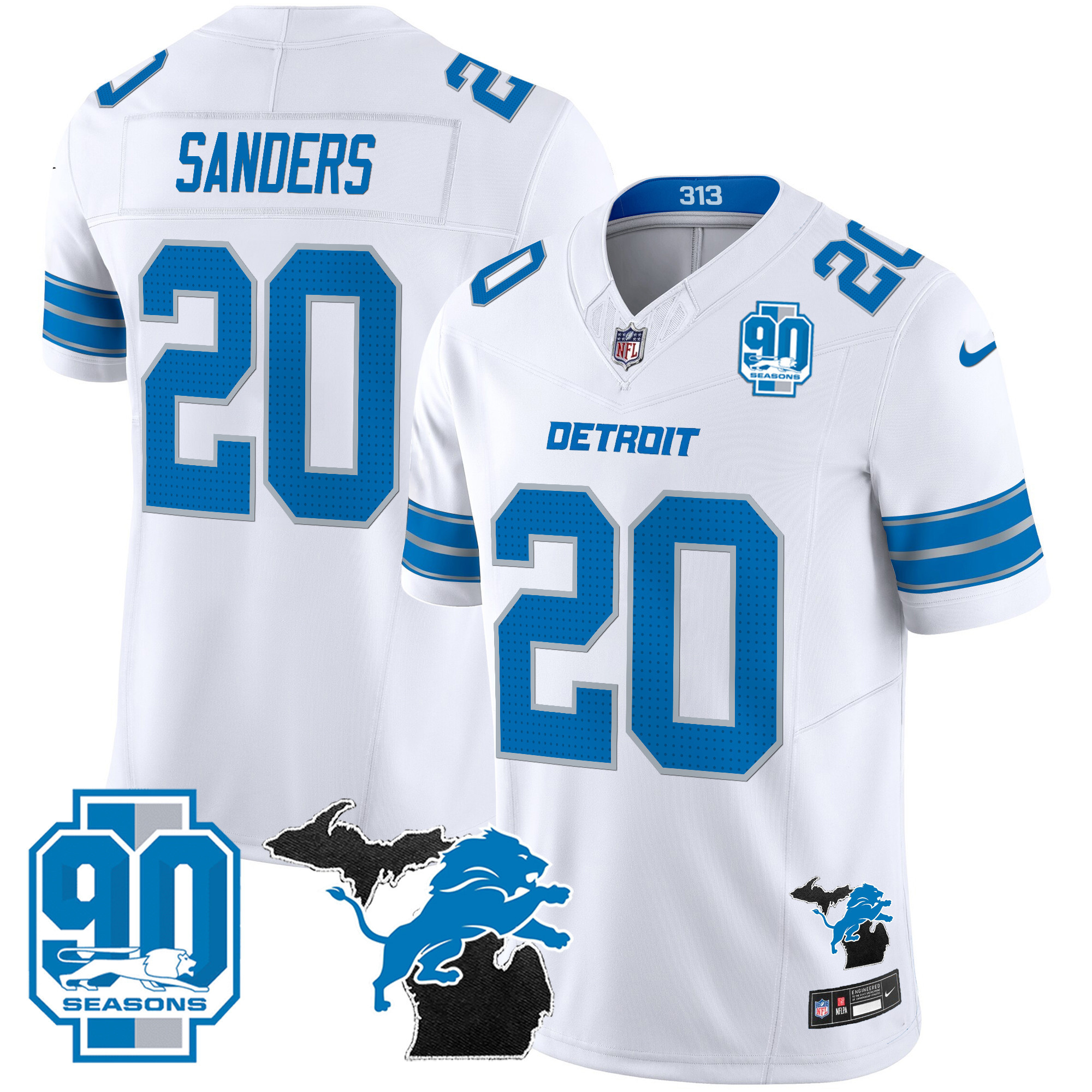 Barry Sanders Men's Detroit Lions 2025 Michigan & 90th Year Patch Vapor White Jersey - All Stitched