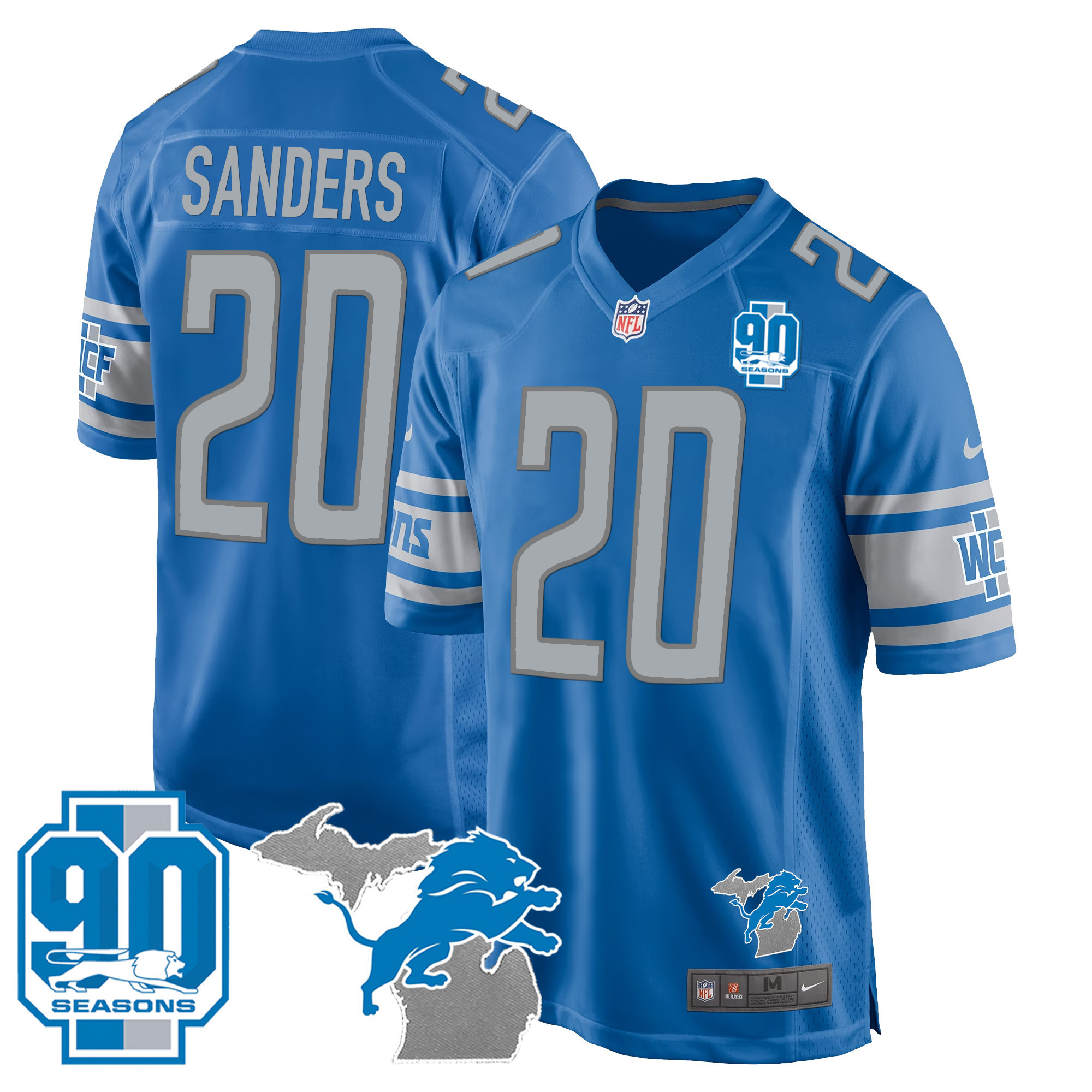 Barry Sanders Men's Detroit Lions 90th Year & Michigan Patch Game Blue Jersey - All Stitched