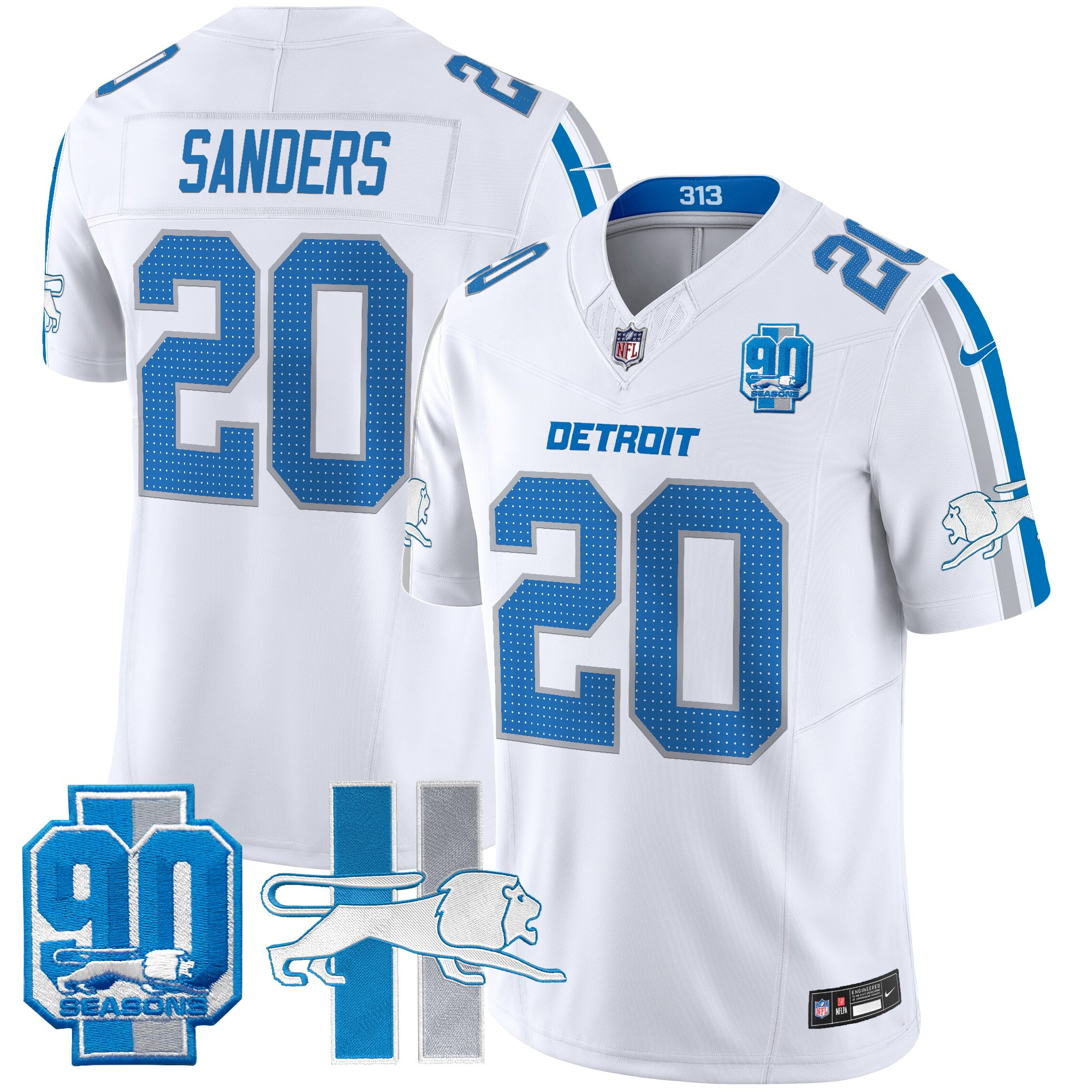 Barry Sanders Men's Detroit Lions Throwback 90th Year Patch Vapor Limited White Jersey - All Stitched