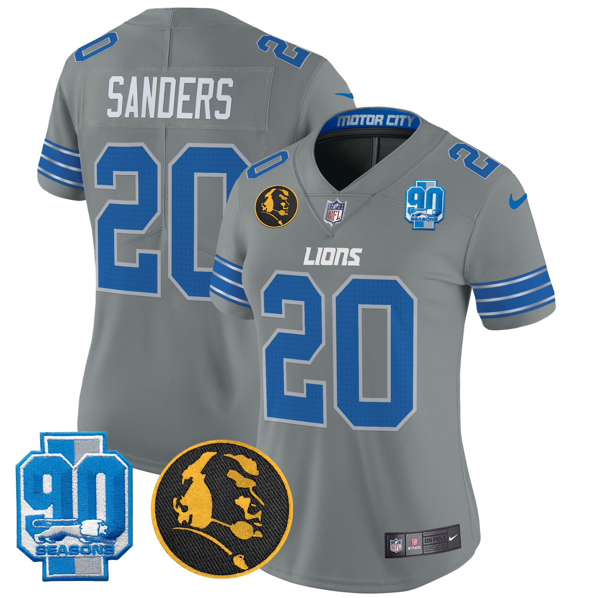 Barry Sanders Women's Detroit Lions 2024 90th & John Madden Patch Vapor Limited Gray Jersey - All Stitched