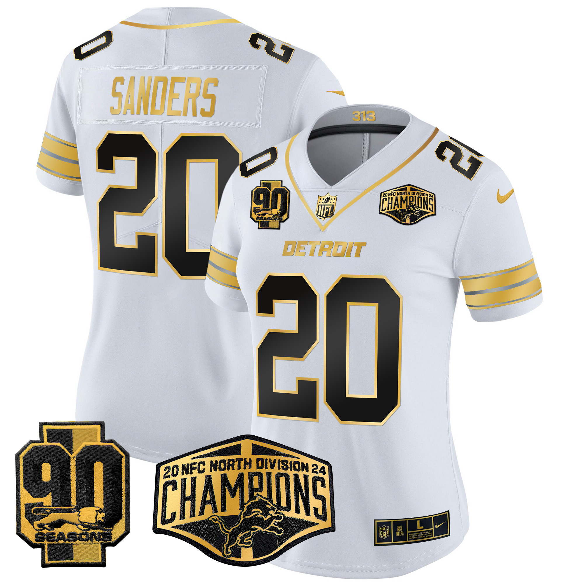 Barry Sanders Women's Detroit Lions 2024 NFC North Division Champions Patch Gold Vapor Limited White Gold Jersey - All Stitched