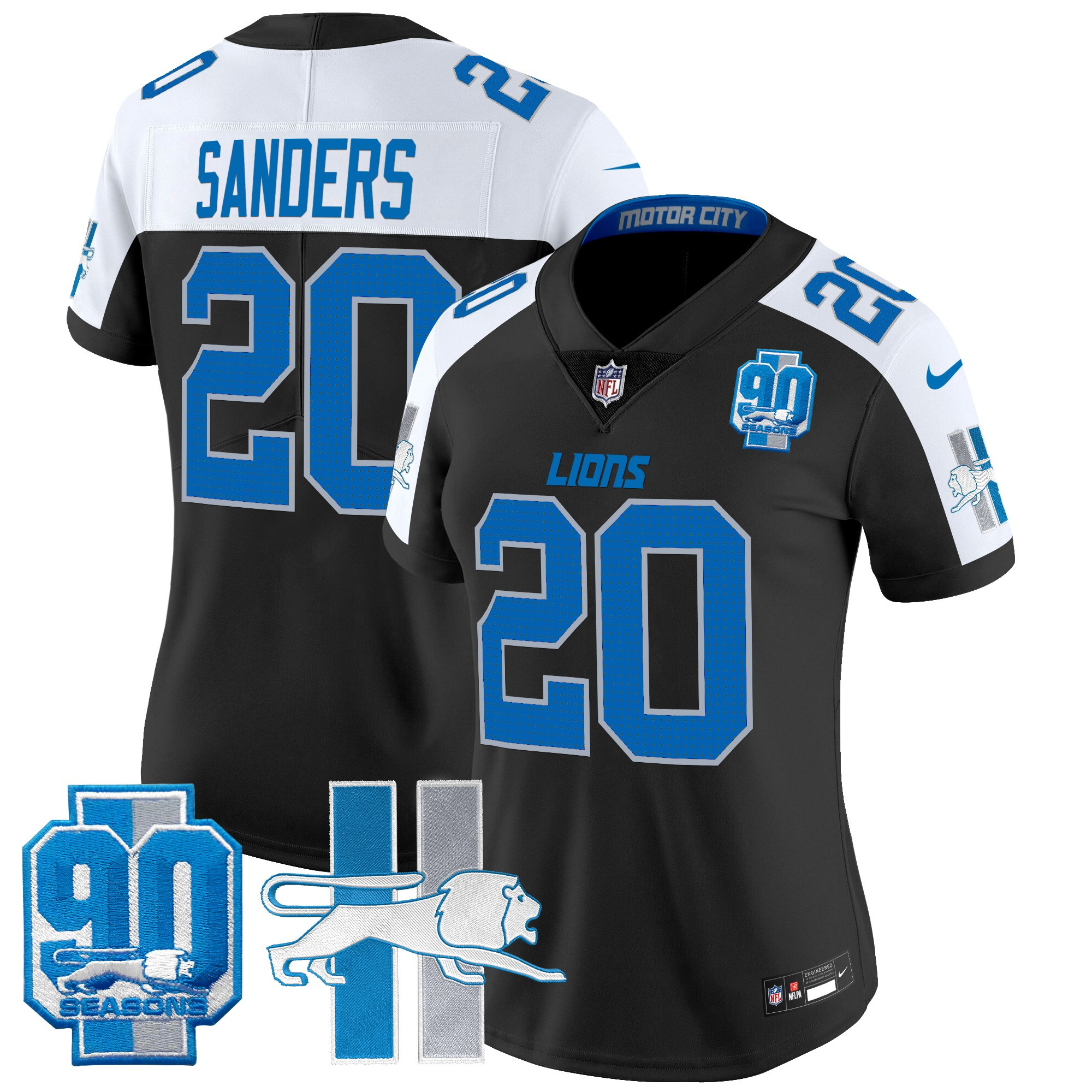 Barry Sanders Women's Detroit Lions Throwback 90th Year Patch Vapor Limited Black Alternate Jersey - All Stitched
