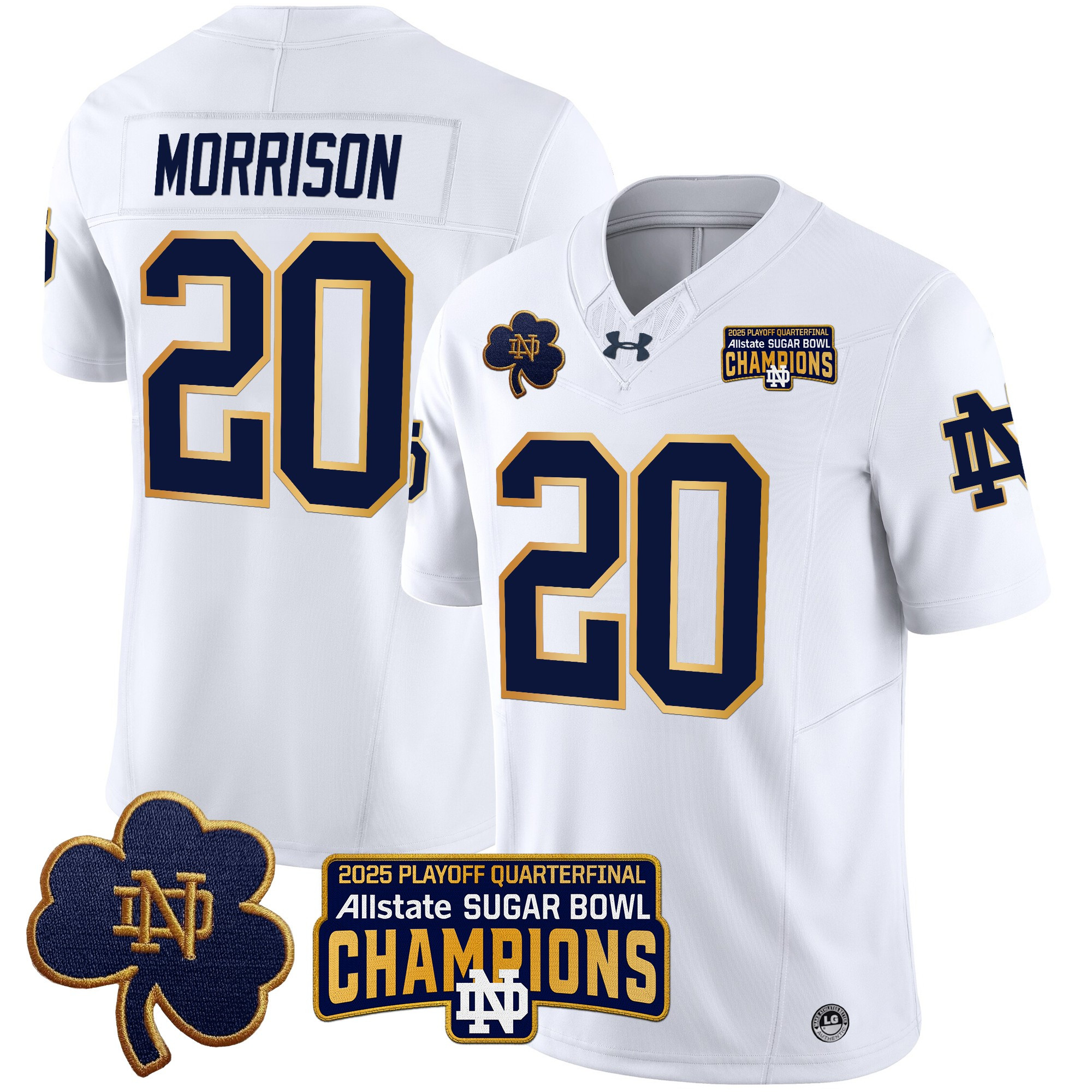 Benjamin Morrison Men's Notre Dame Fighting Irish 2025 Playoff Sugar Bowl Champions Patch Vapor Limited White Jersey - All Stitched