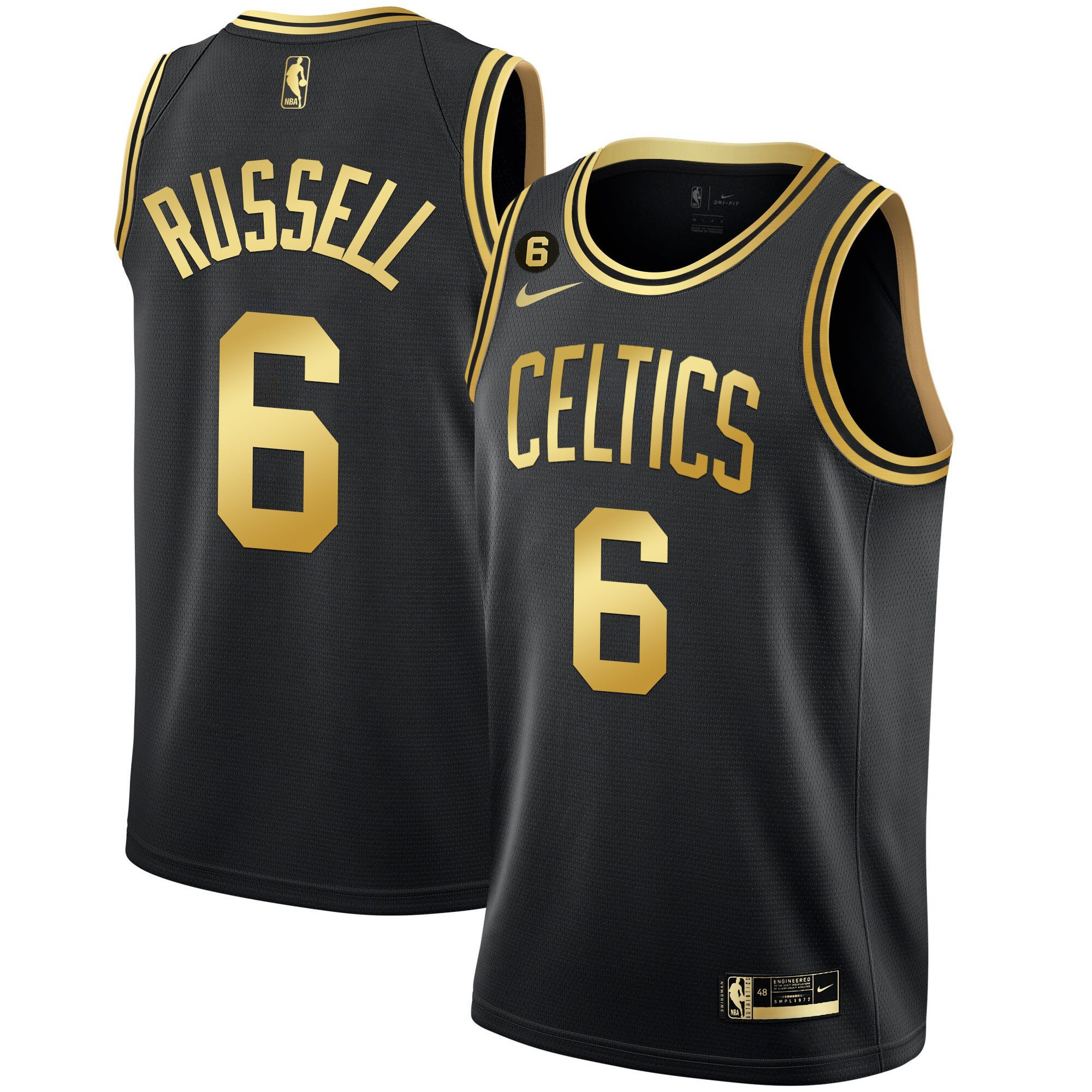Bill Russell Men's Boston Celtics Bill Russell Patch Collection Black Gold Jersey - All Stitched