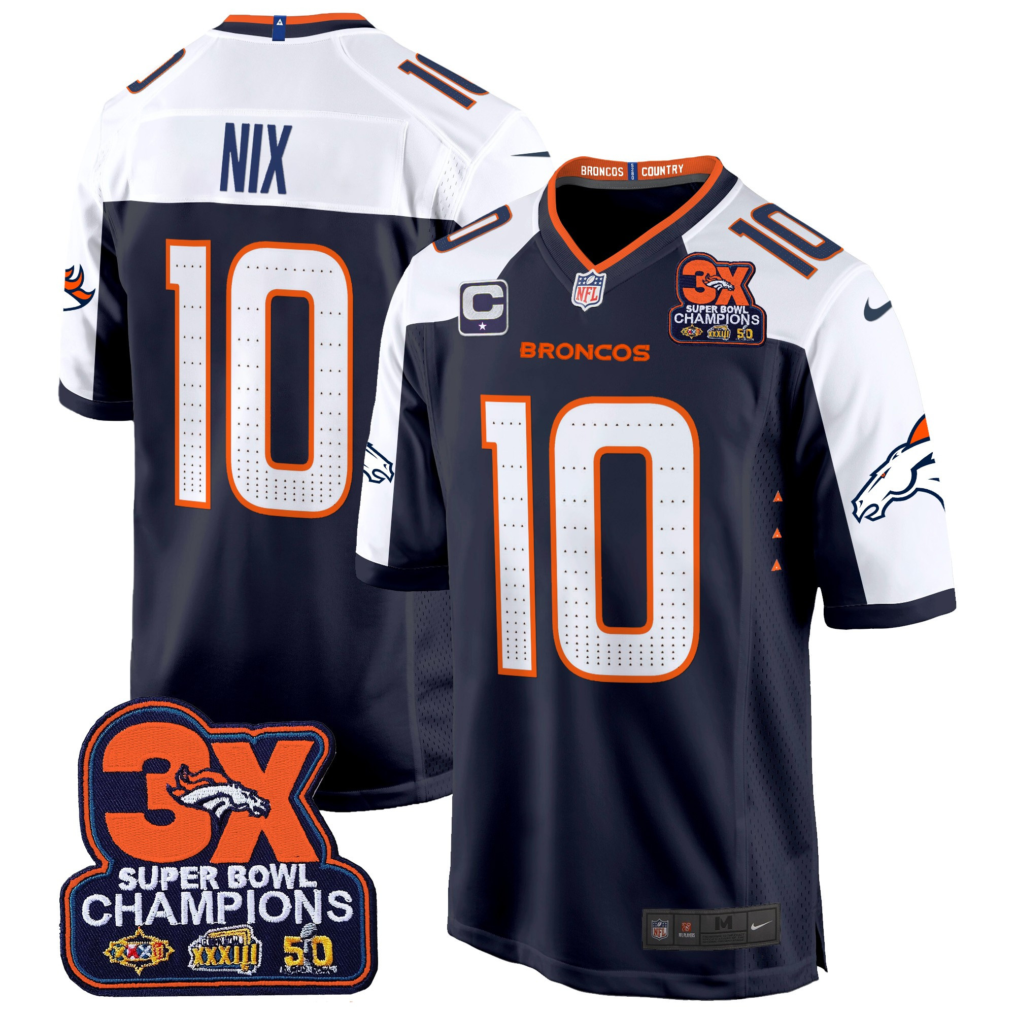 Bo Nix Men's Denver Broncos 3-Time Champions Patch Game Navy Alternate Jersey - Al Stitched