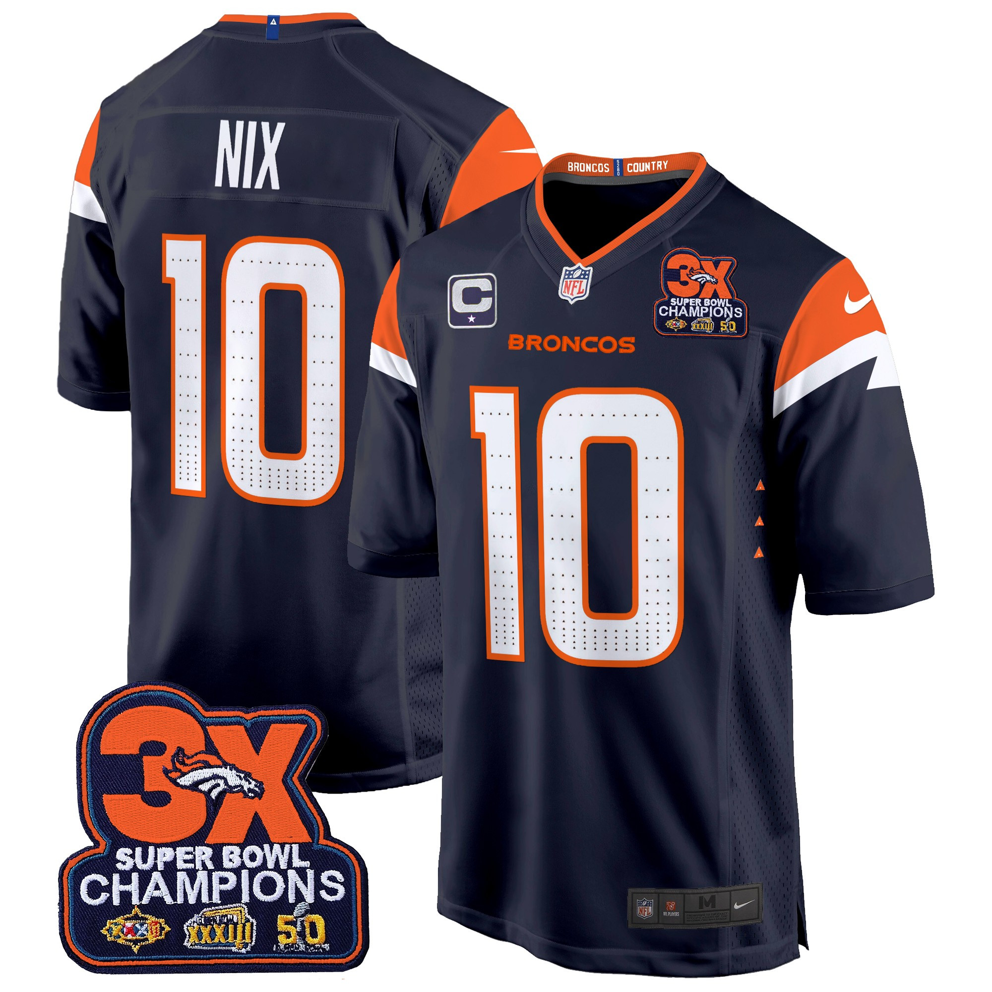 Bo Nix Men's Denver Broncos 3-Time Champions Patch Game Navy Jersey - Al Stitched