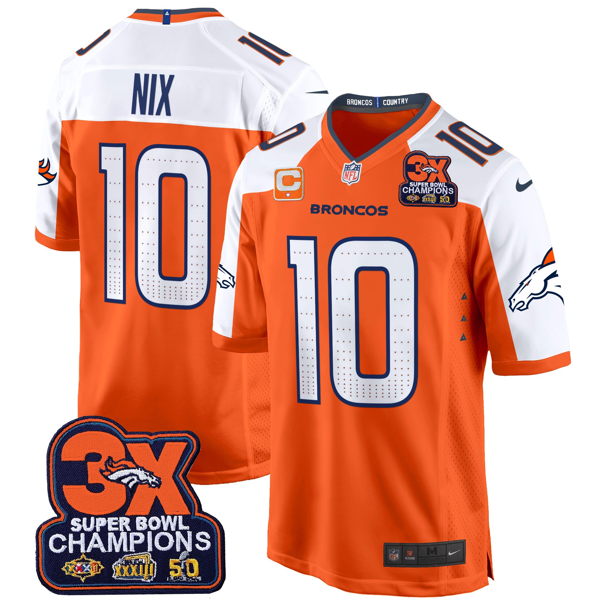 Bo Nix Men's Denver Broncos 3-Time Champions Patch Game Orange Alternate Jersey - Al Stitched