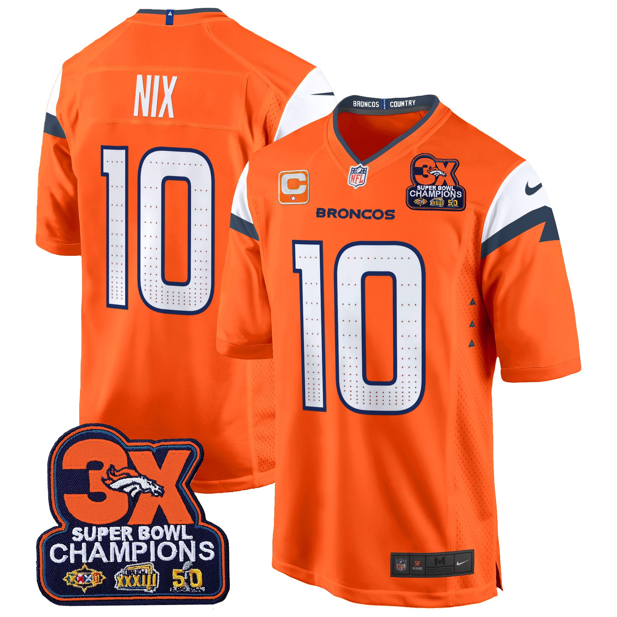 Bo Nix Men's Denver Broncos 3-Time Champions Patch Game Orange Jersey - Al Stitched