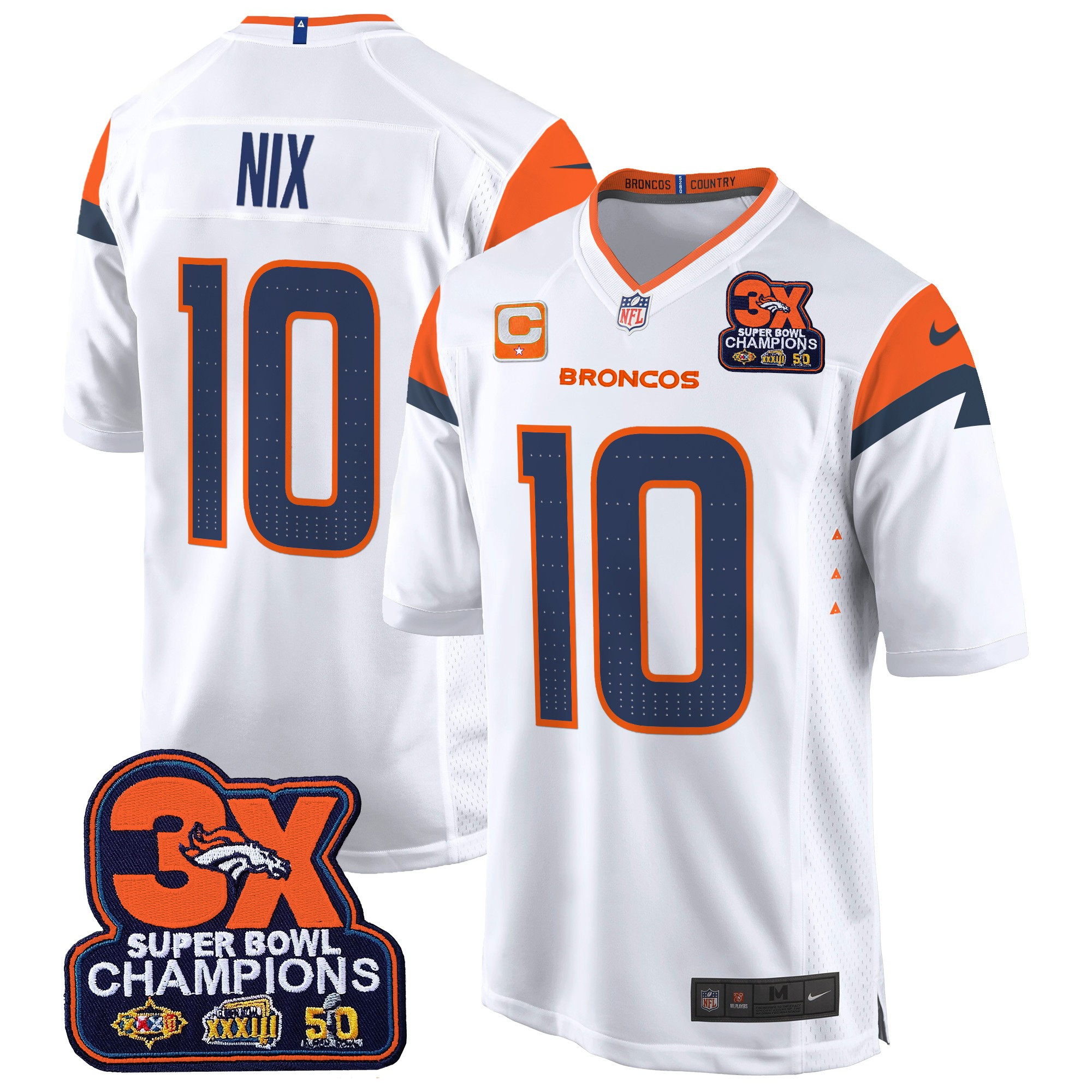 Bo Nix Men's Denver Broncos 3-Time Champions Patch Game White Jersey - Al Stitched