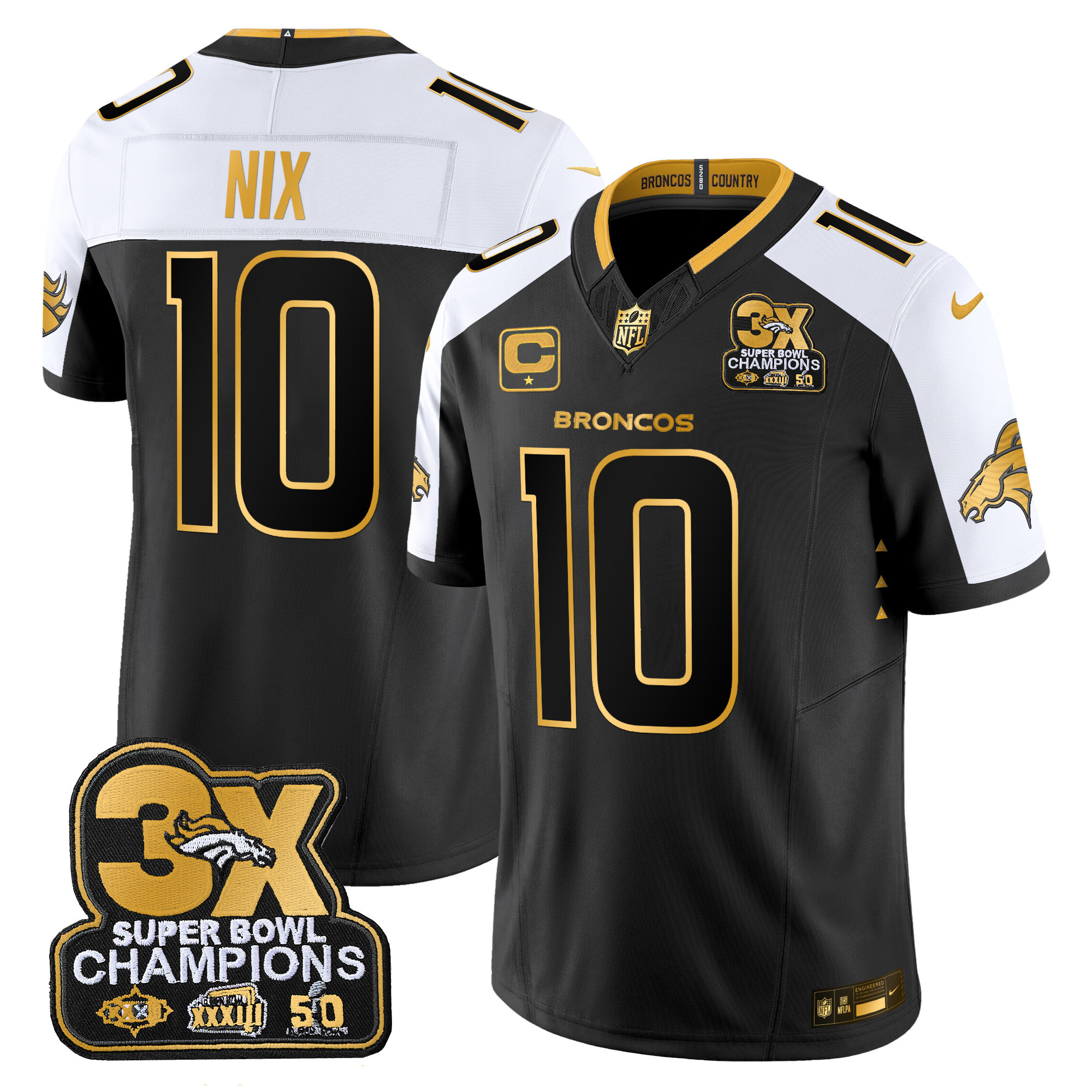 Bo Nix Men's Denver Broncos 3-Time Champions Patch Gold Vapor Limited Alternate Jersey - All Stitched