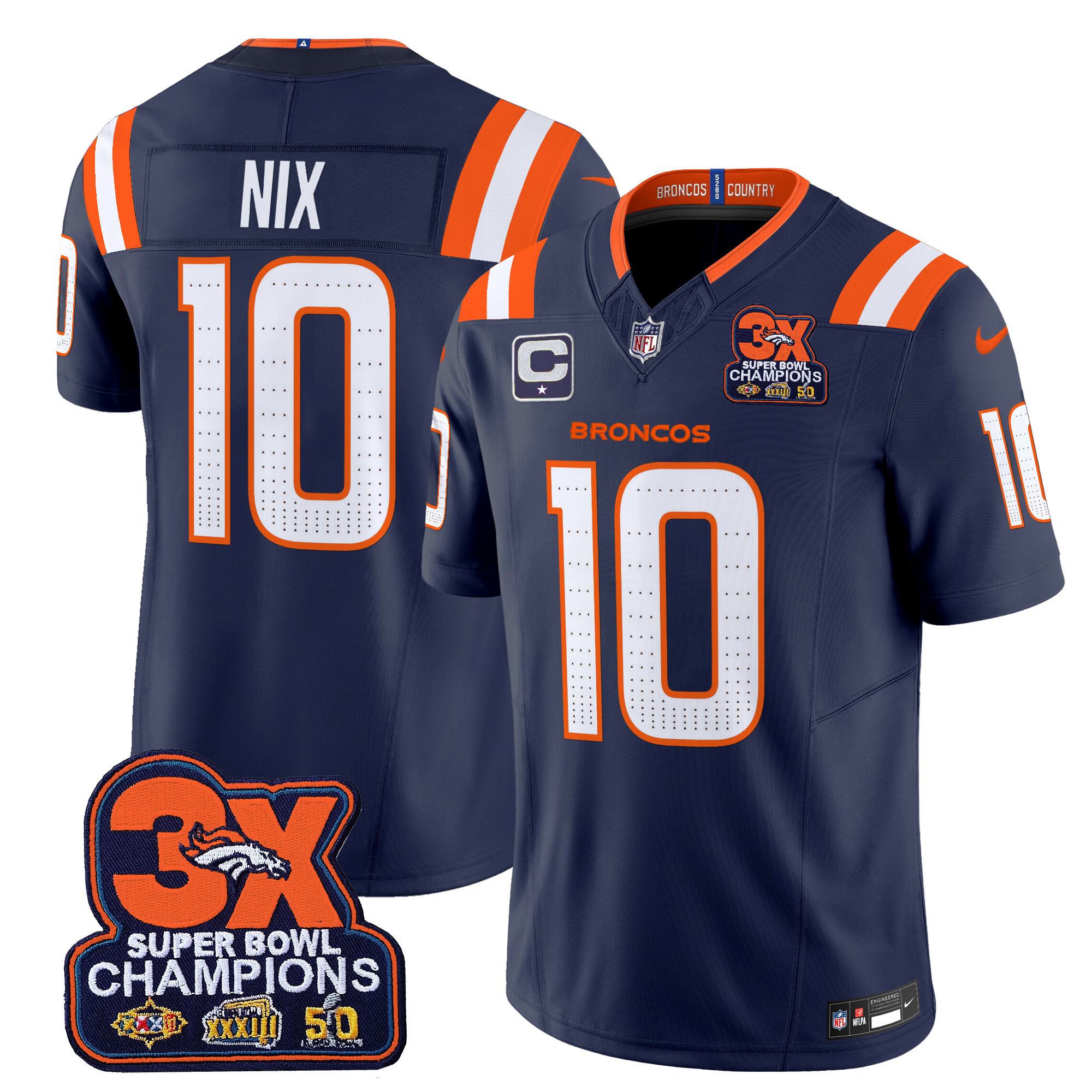 Bo Nix Men's Denver Broncos 3-Time Champions Patch Vapor Limited Navy Jersey V2 - All Stitched