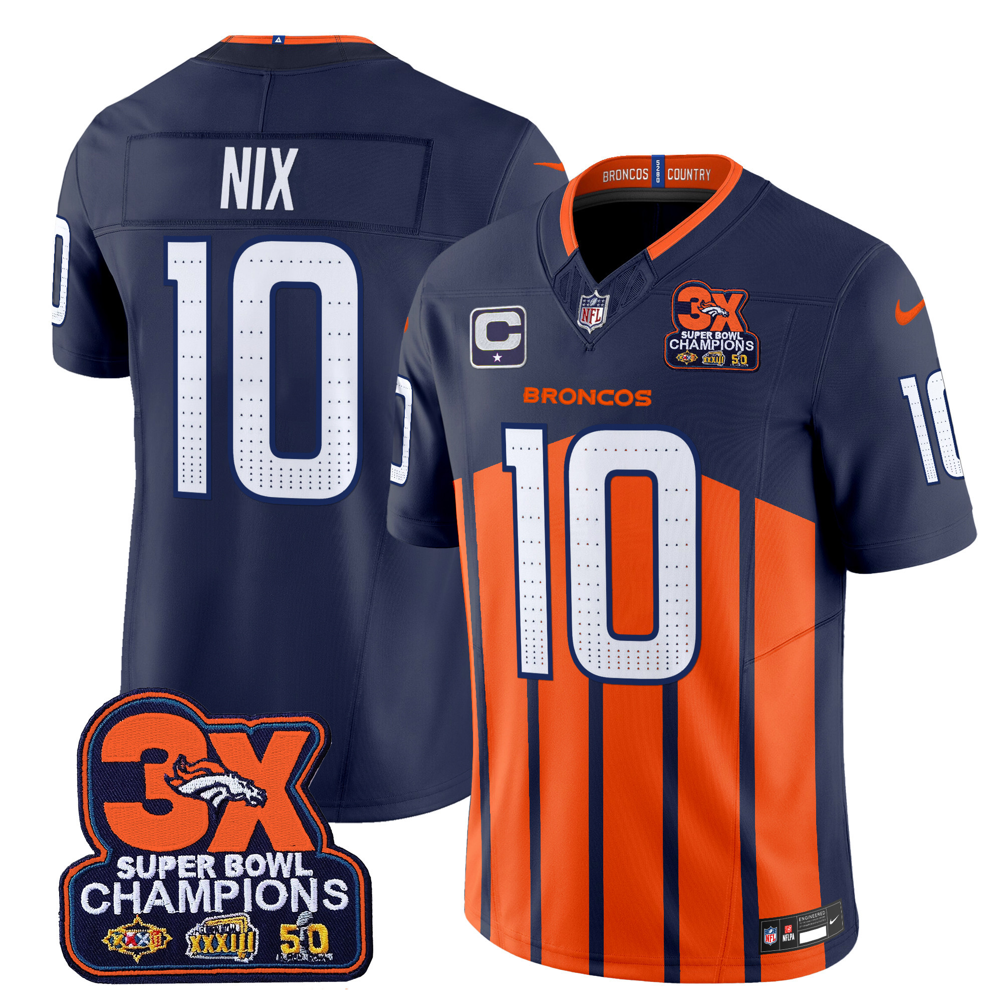 Bo Nix Men's Denver Broncos 3-Time Champions Patch Vapor Limited Navy Special Jersey V2 - All Stitched
