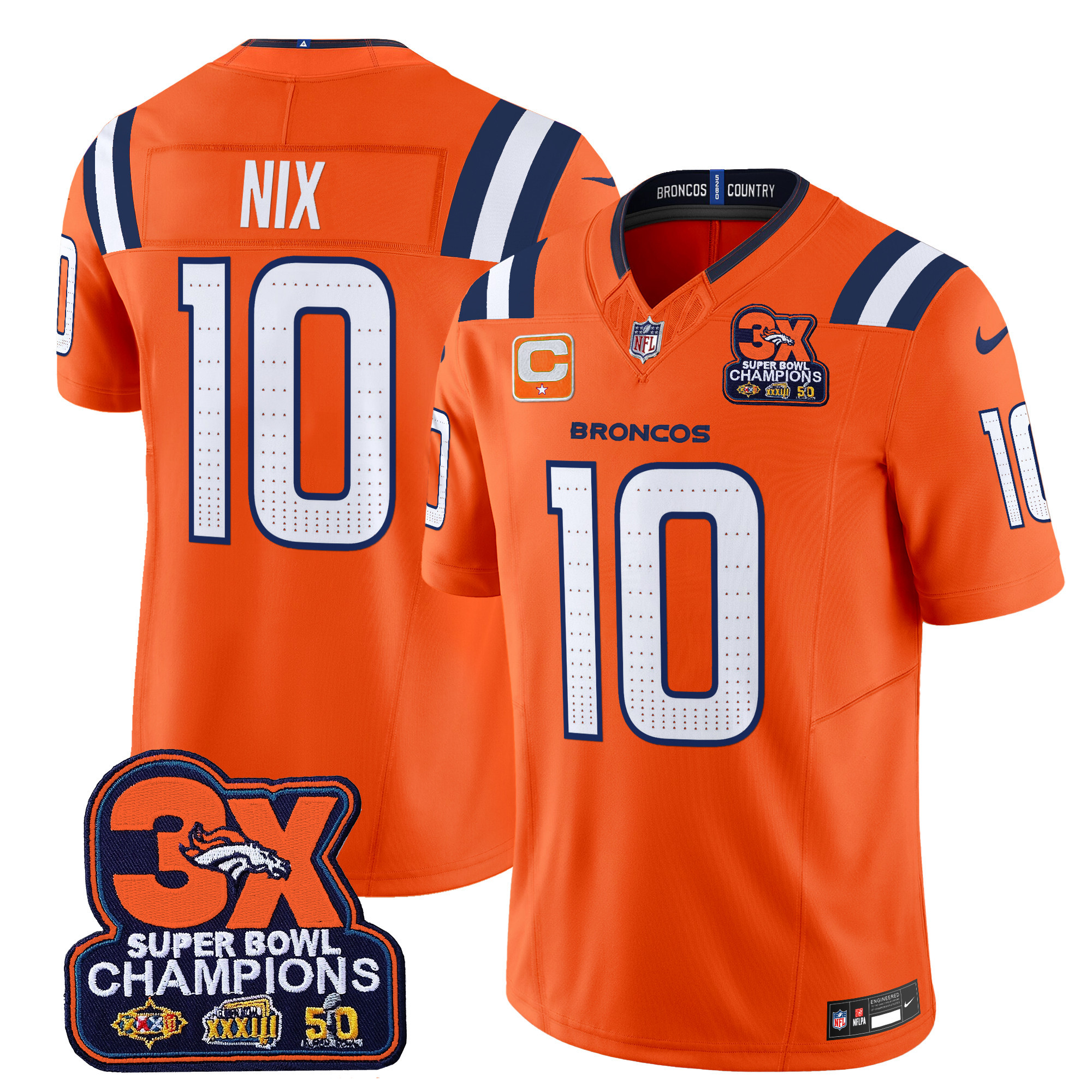 Bo Nix Men's Denver Broncos 3-Time Champions Patch Vapor Limited Orange Jersey V2 - All Stitched