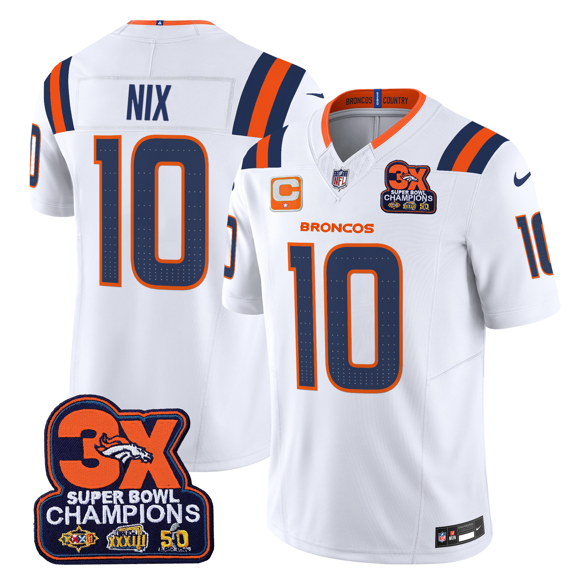 Bo Nix Men's Denver Broncos 3-Time Champions Patch Vapor Limited White Jersey V2 - All Stitched