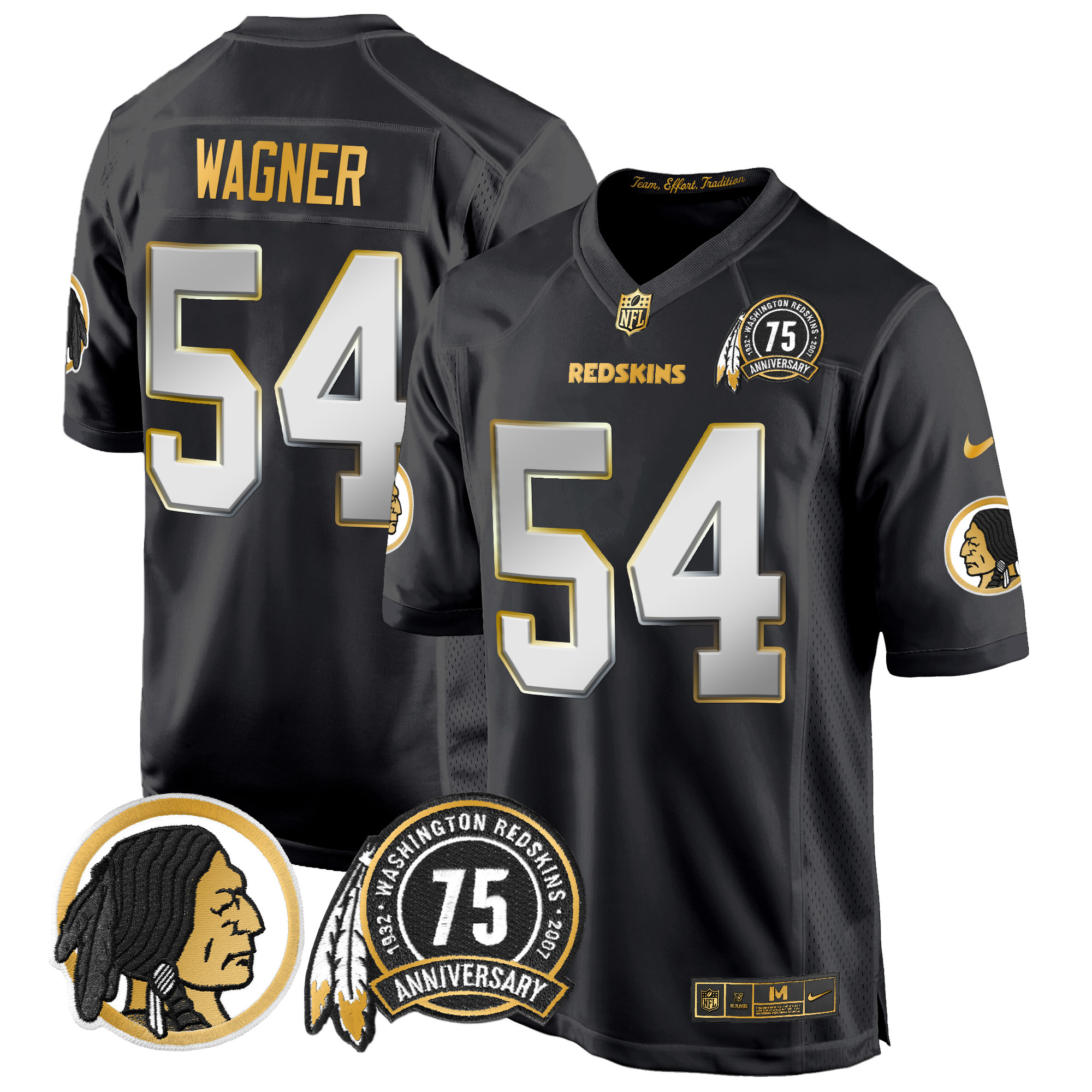 Bobby Wagner Men's Washington Redskins 75th Patch Throwback Gold Game Black Limited Jersey - All Stitched