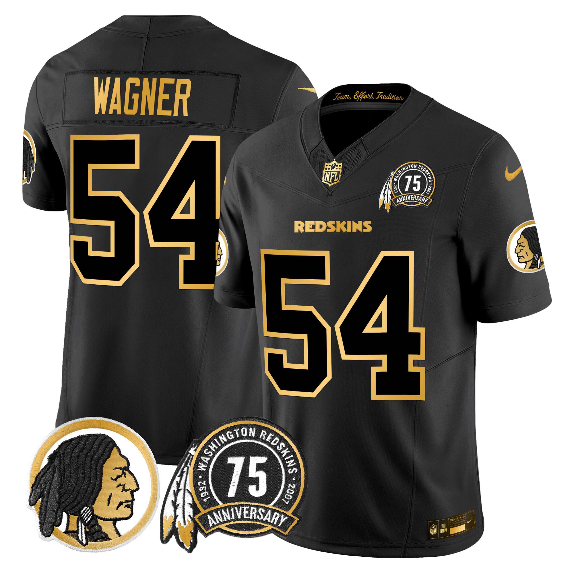Bobby Wagner Men's Washington Redskins 75th Patch Throwback Gold Vapor Limited Black Gold Jersey - All Stitched