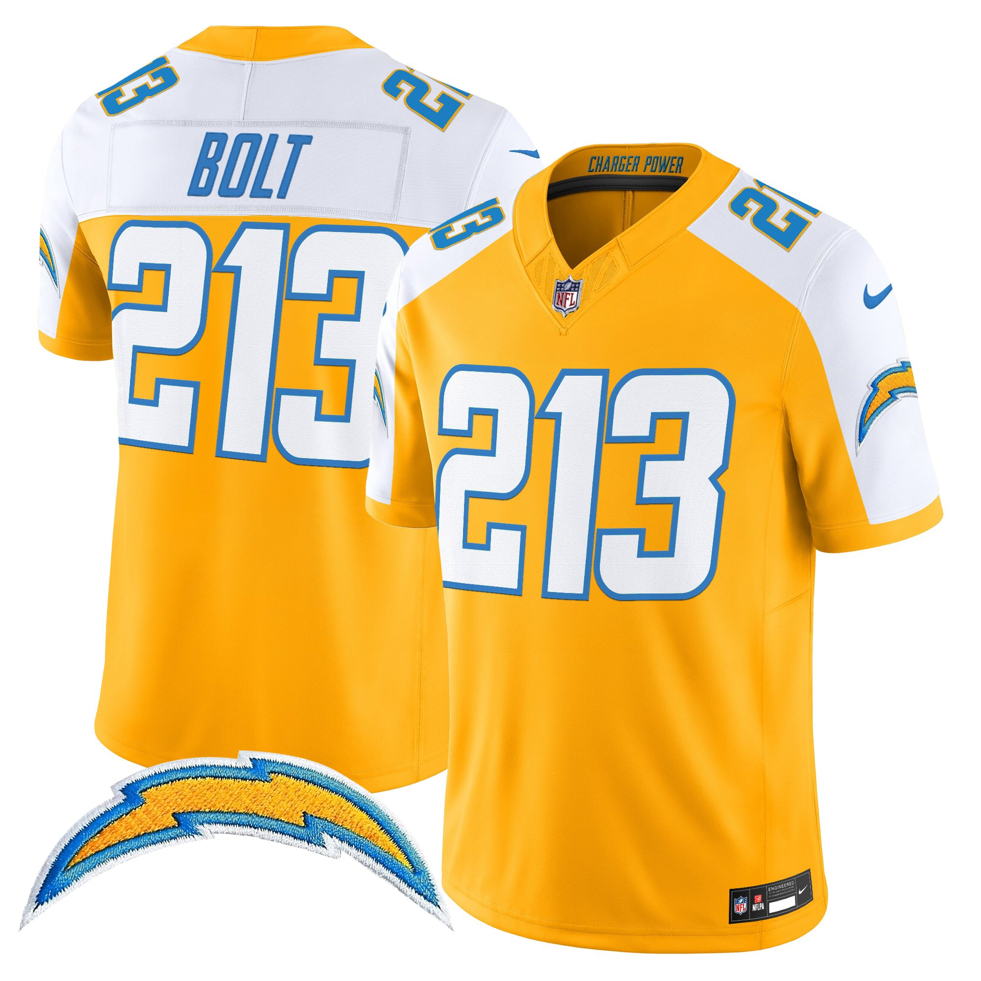 Bolt 213 Men's Los Angeles Chargers 2025 Alternate Charger Power Vapor Limited Gold Alternate Jersey - All Stitched