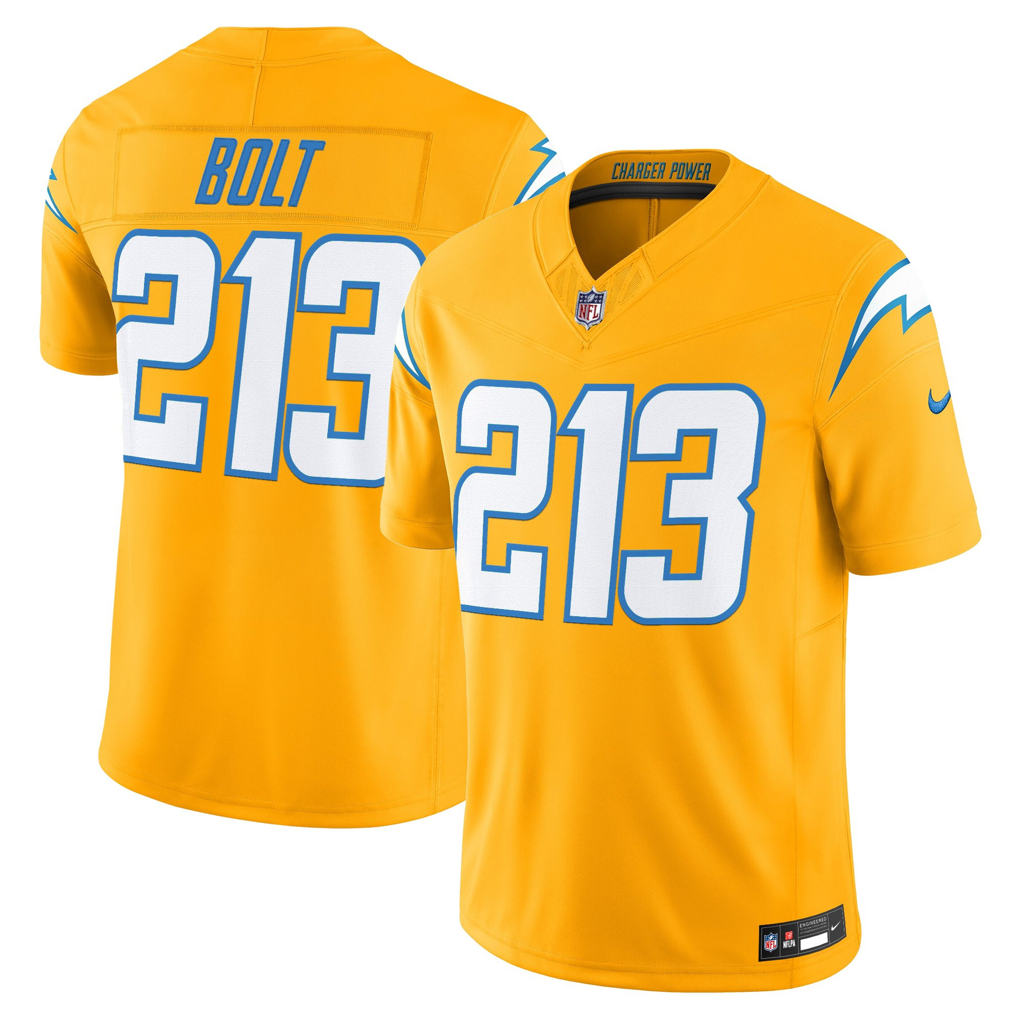 Bolt 213 Men's Los Angeles Chargers 2025 Alternate Charger Power Vapor Limited Gold Jersey - All Stitched