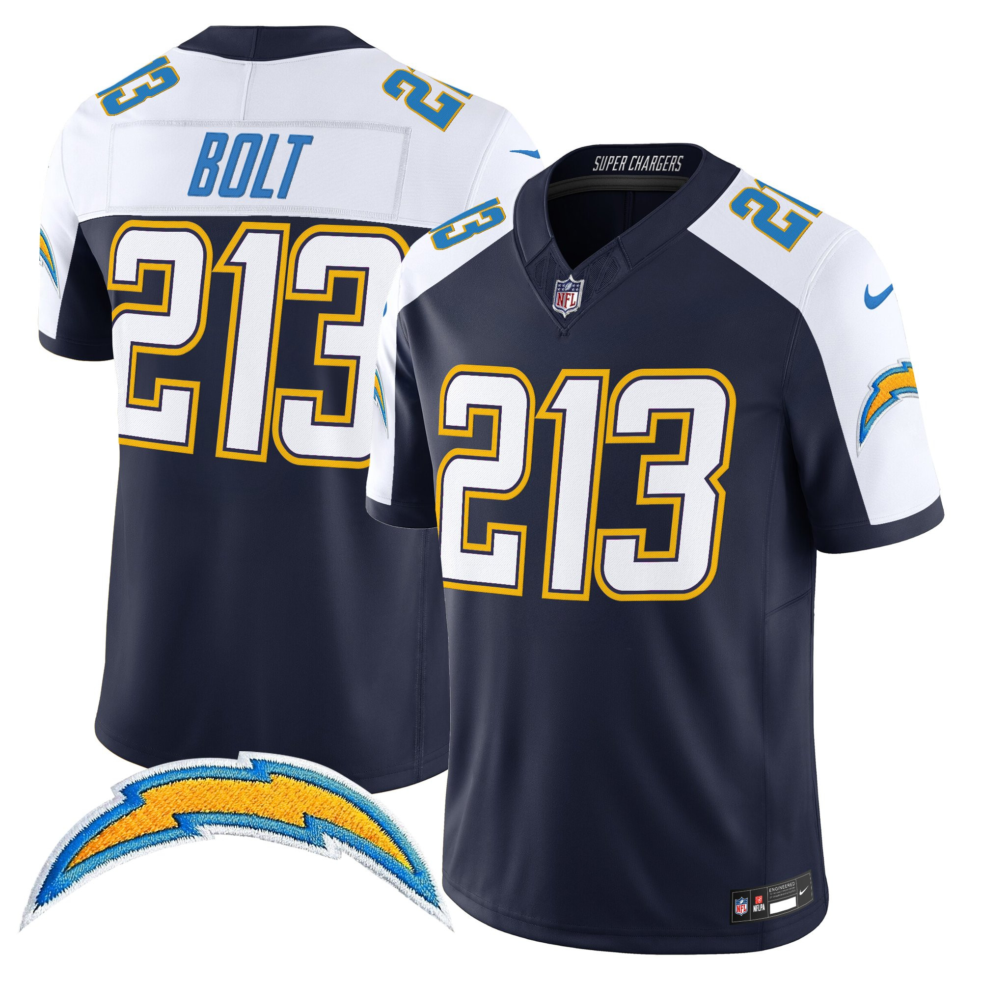 Bolt 213 Men's Los Angeles Chargers 2025 Alternate Charger Power Vapor Limited Navy Alternate Jersey - All Stitched