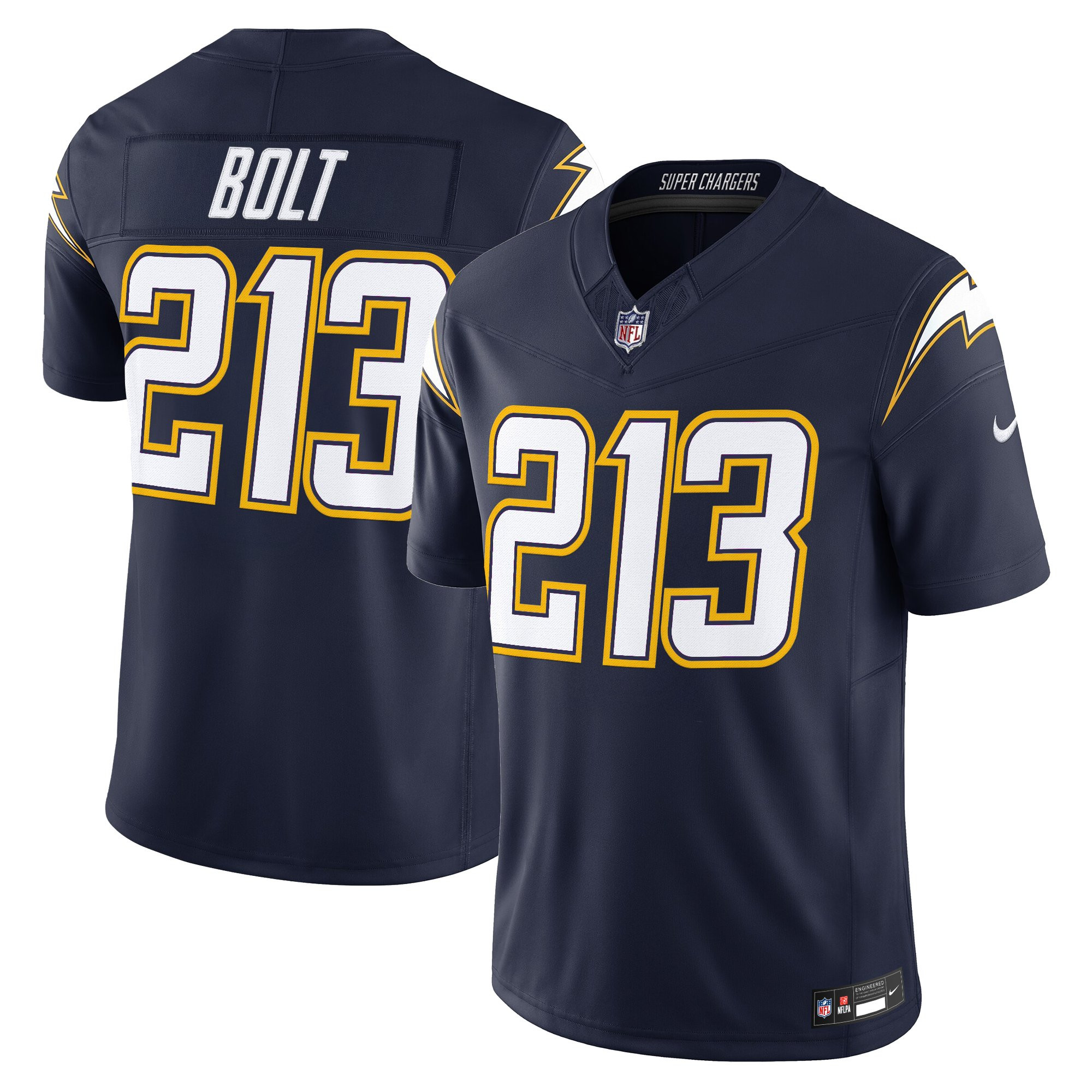 Bolt 213 Men's Los Angeles Chargers 2025 Alternate Charger Power Vapor Limited Navy Jersey - All Stitched