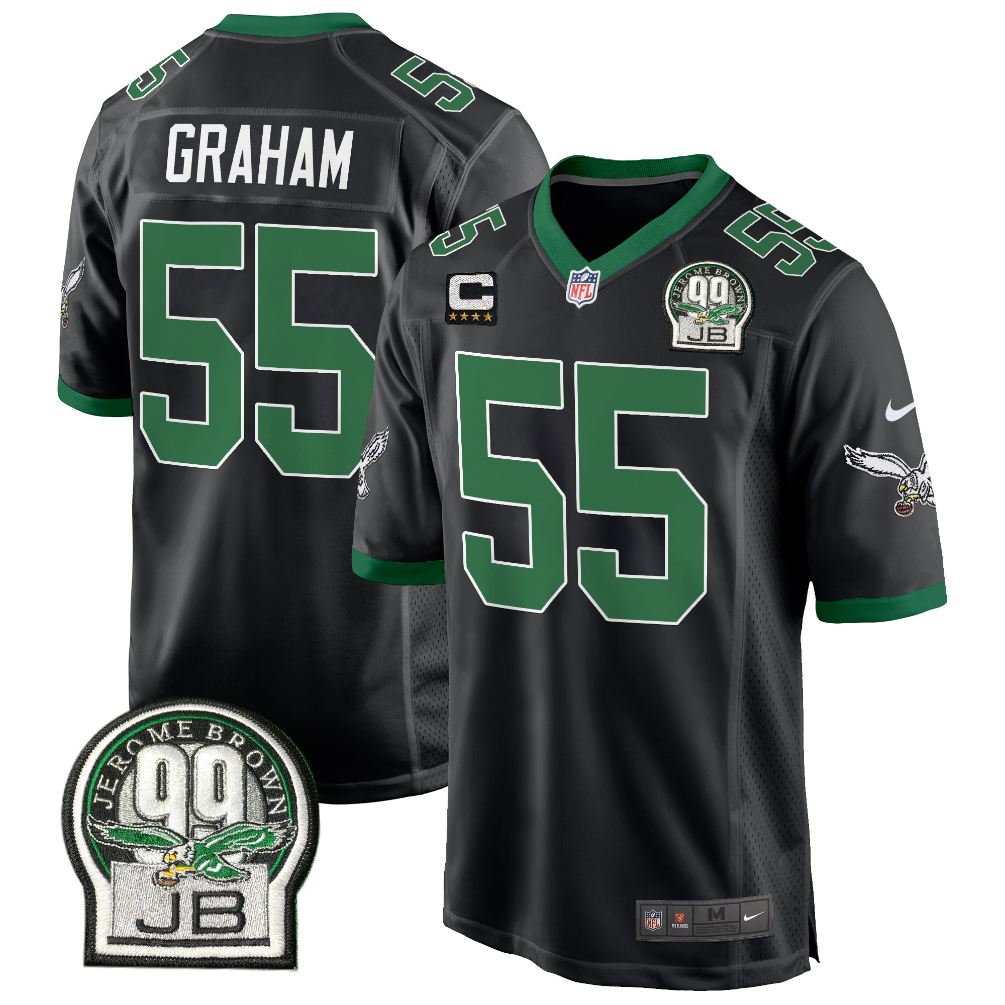 Brandon Graham Men's Philadelphia Eagles Jerome Brown Patch Kelly Green Game Black Jersey - All Stitched
