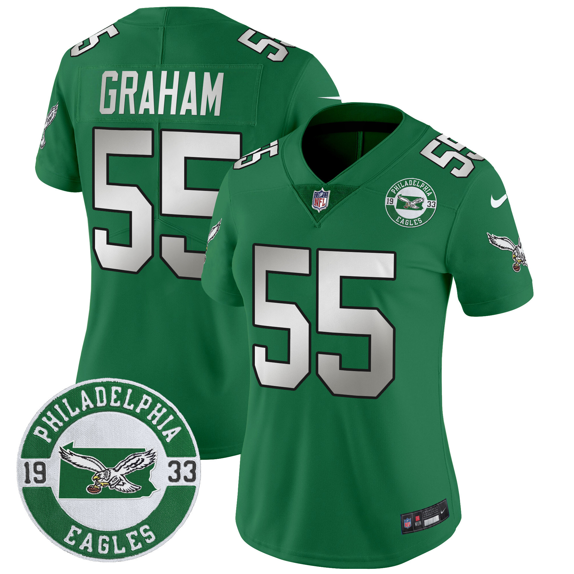 Brandon Graham Women's Philadelphia Eagles 2024 Throwback Vapor Limited Kelly Green Jersey - Est. 1933 Patch - All Stitched