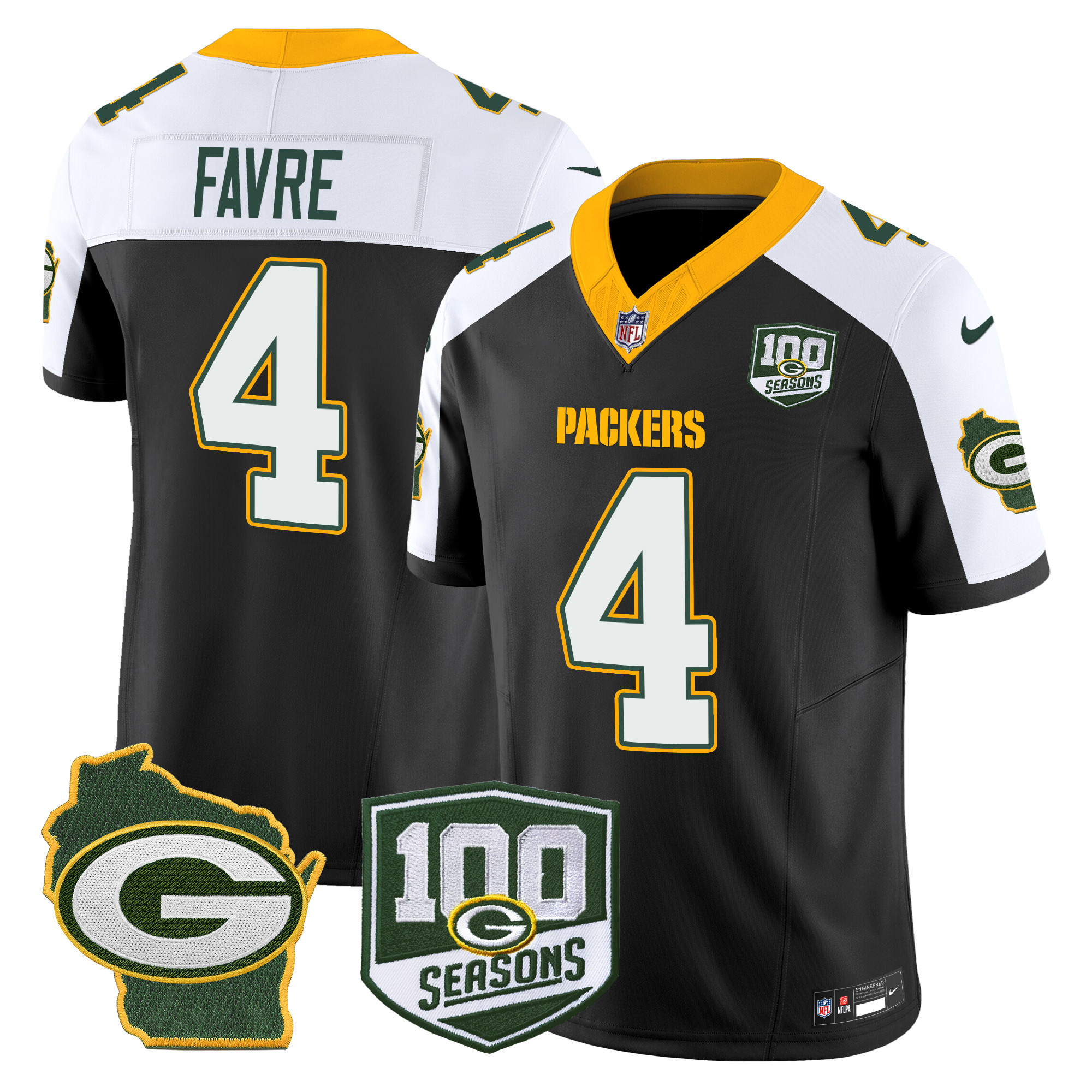 Brett Favre Men's Green Bay Packers 100th Season & Home Patch Vapor Limited Black Alternate Jersey - All Stitched