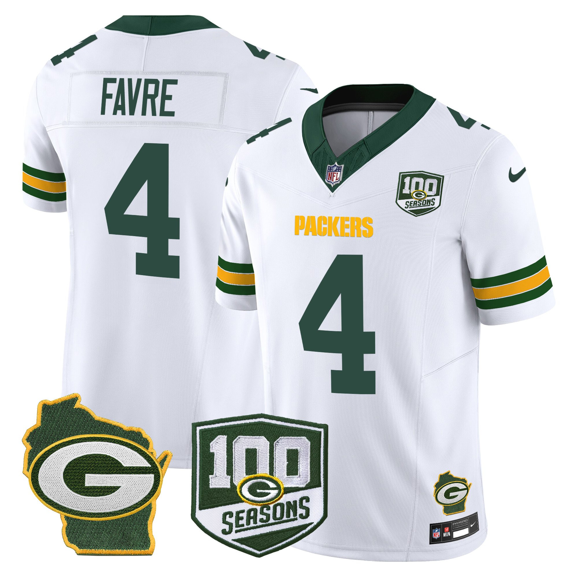 Brett Favre Men's Green Bay Packers 100th Season & Home Patch Vapor Limited White Jersey - All Stitched